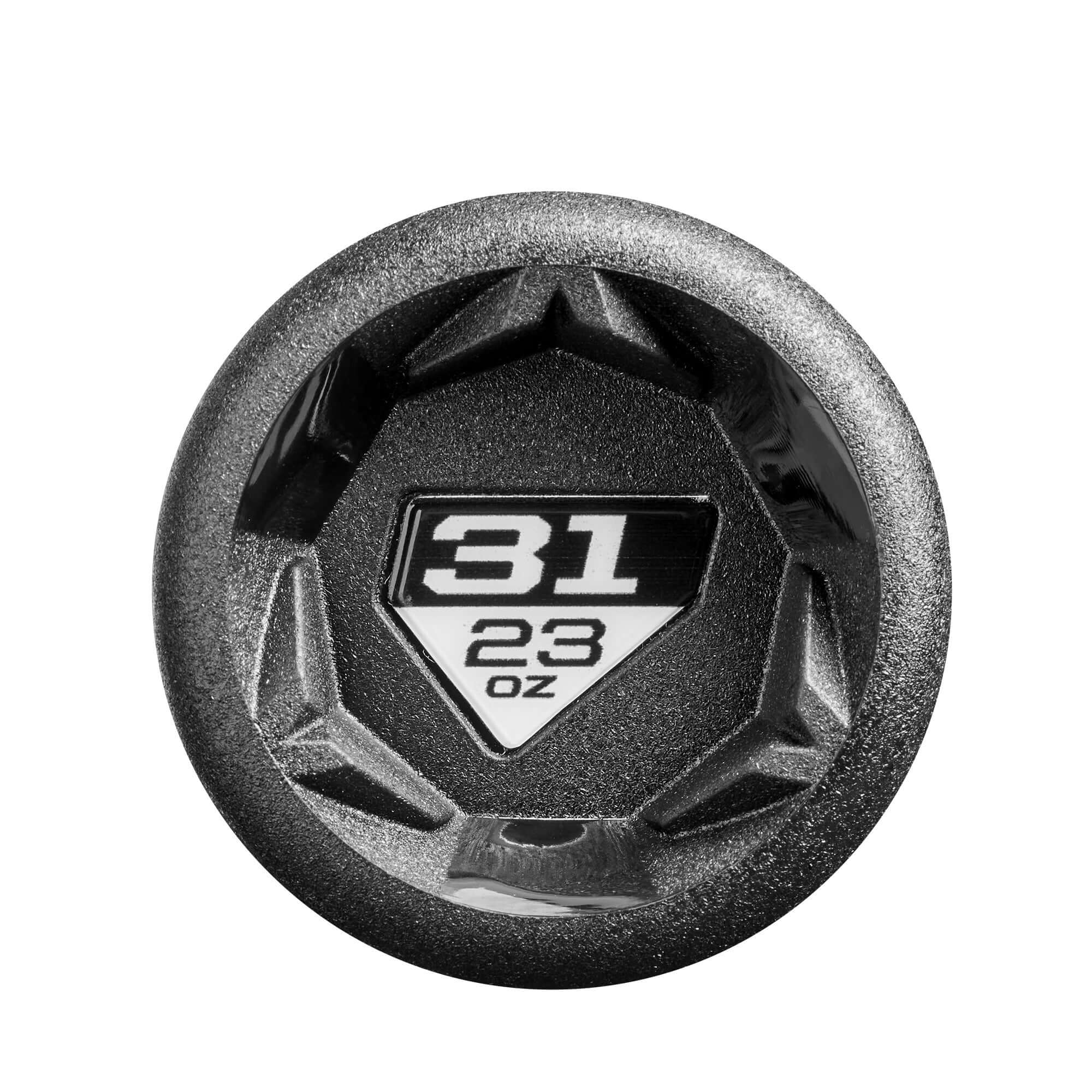 Close-up view of the end cap of the DeMarini The Goods 2025 USSSA baseball bat, displaying weight and brand logo.