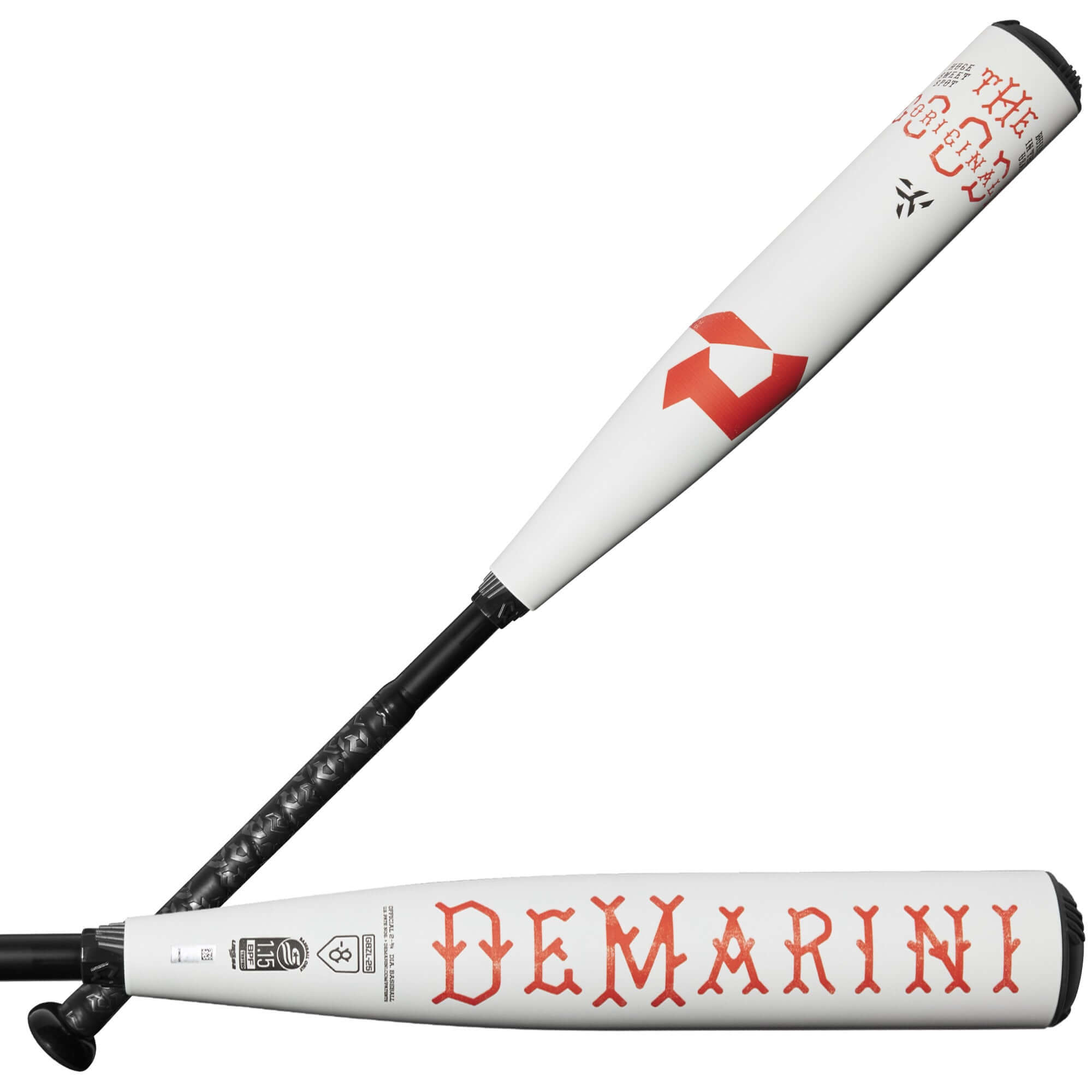 DeMarini The Goods 2025 USSSA (-8) baseball bat showcasing its two-piece hybrid design and 2 ¾” X14 alloy barrel.