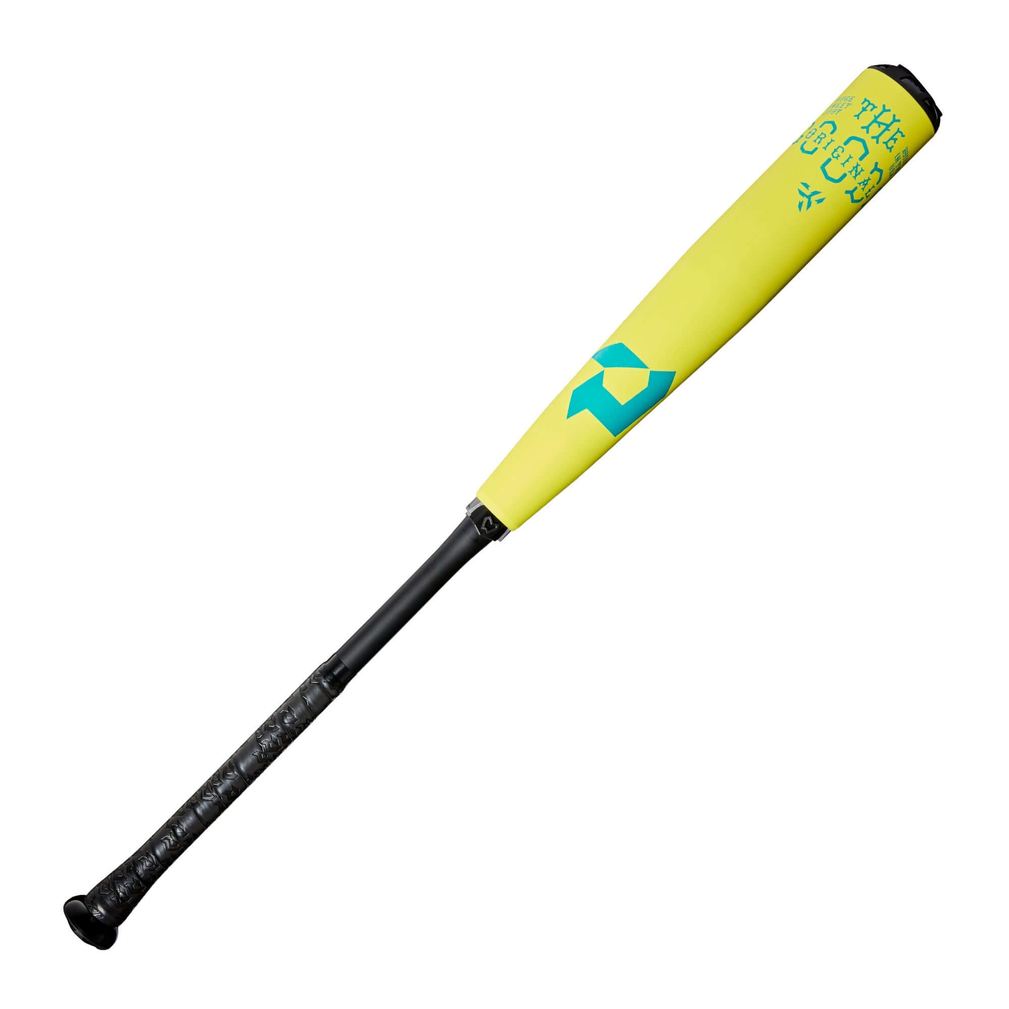 DeMarini The Goods Neon Yellow 2025 BBCOR bat with teal logo, showcasing its vibrant design and powerful performance.
