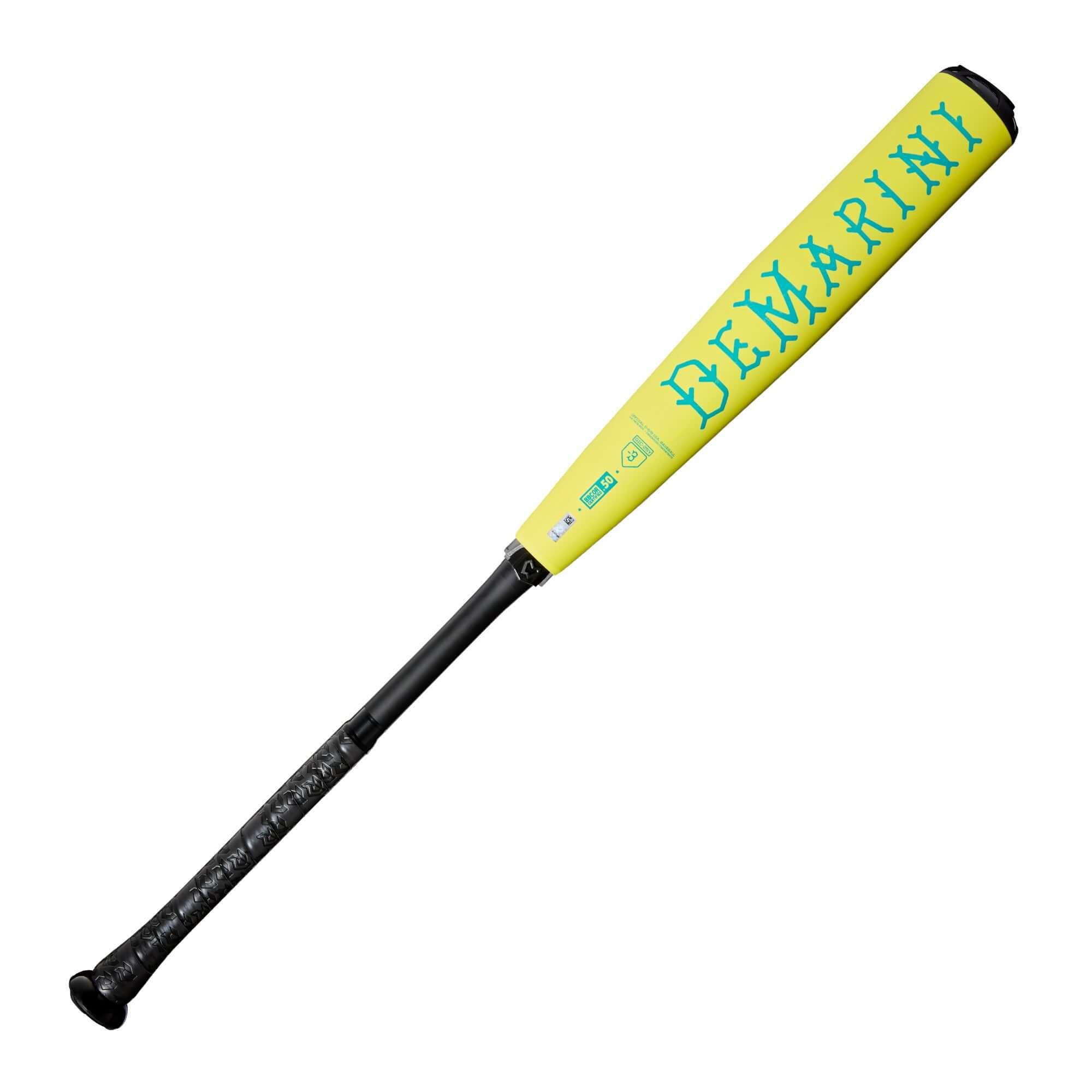 DeMarini The Goods Neon Yellow BBCOR 2025 bat featuring a bright design and endloaded swing weight for powerful hits.