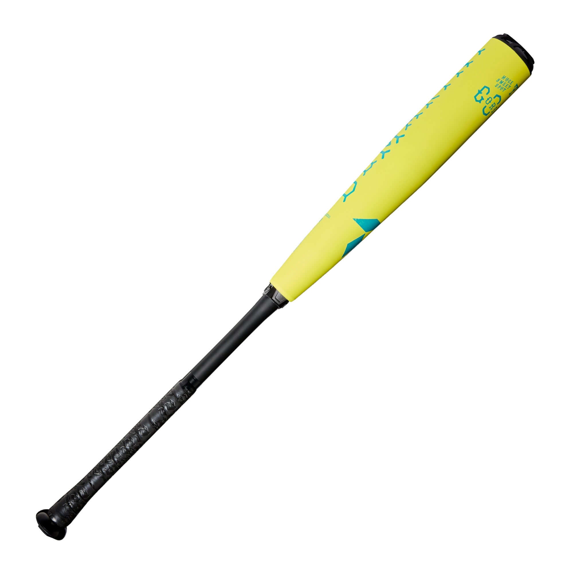 DeMarini The Goods Neon Yellow BBCOR 2025 bat with teal logo and endloaded swing weight for powerful hits.