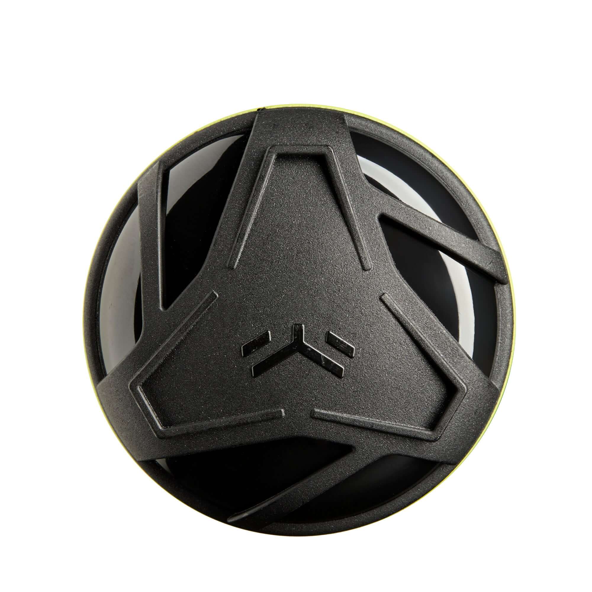 DeMarini The Goods BBCOR bat end cap in black with a yellow accent, showcasing a unique geometric design.