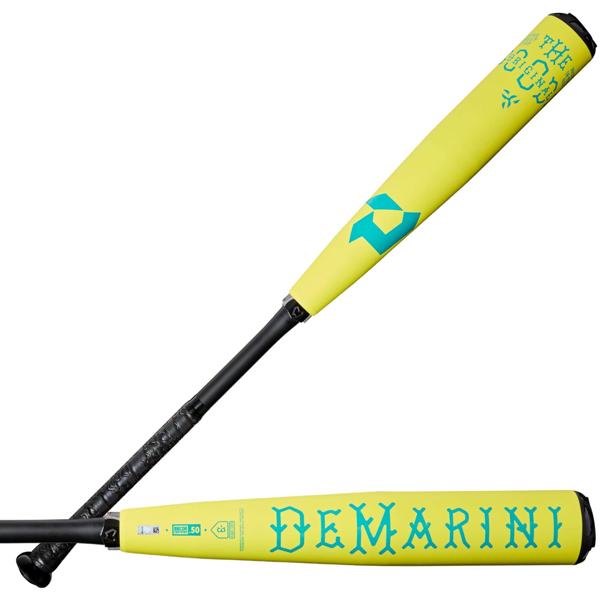 DeMarini The Goods Neon Yellow 2025 BBCOR bat showcasing bright design and Teal logo for enhanced performance.