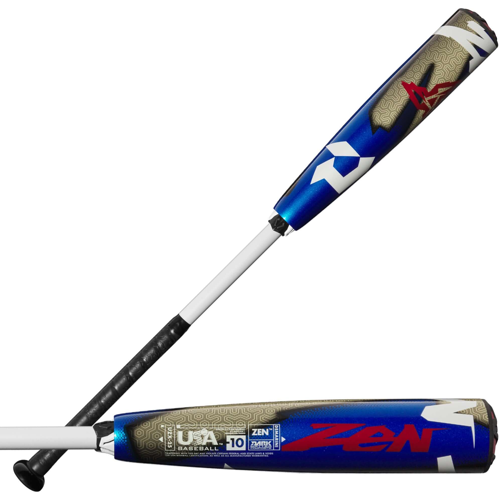 Front and back view of Zen (-10) USA Baseball Bat highlighting design and features.