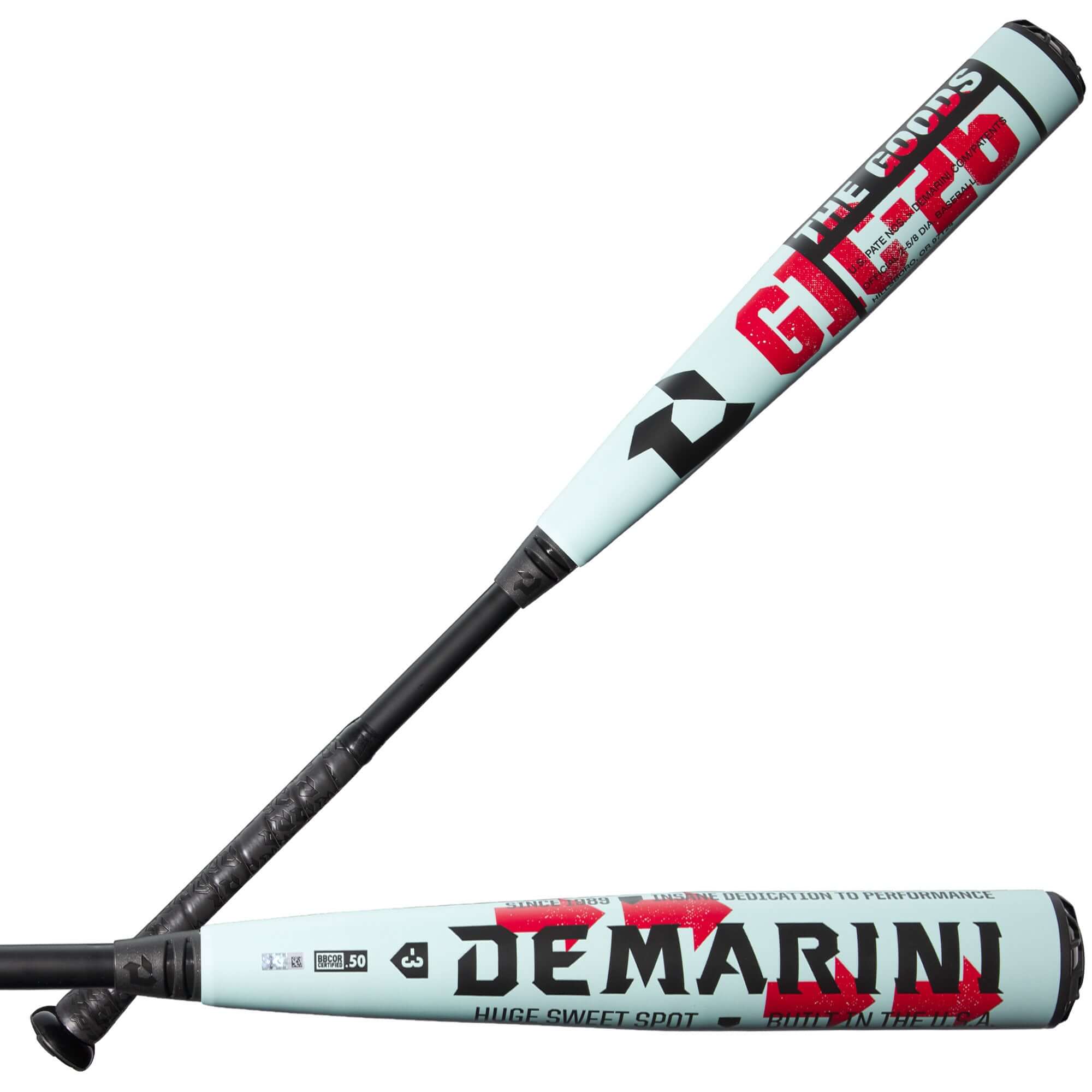 Front and back view of 2026 DeMarini The Goods (-3) BBCOR Bat, showcasing its hybrid design for powerful hits.