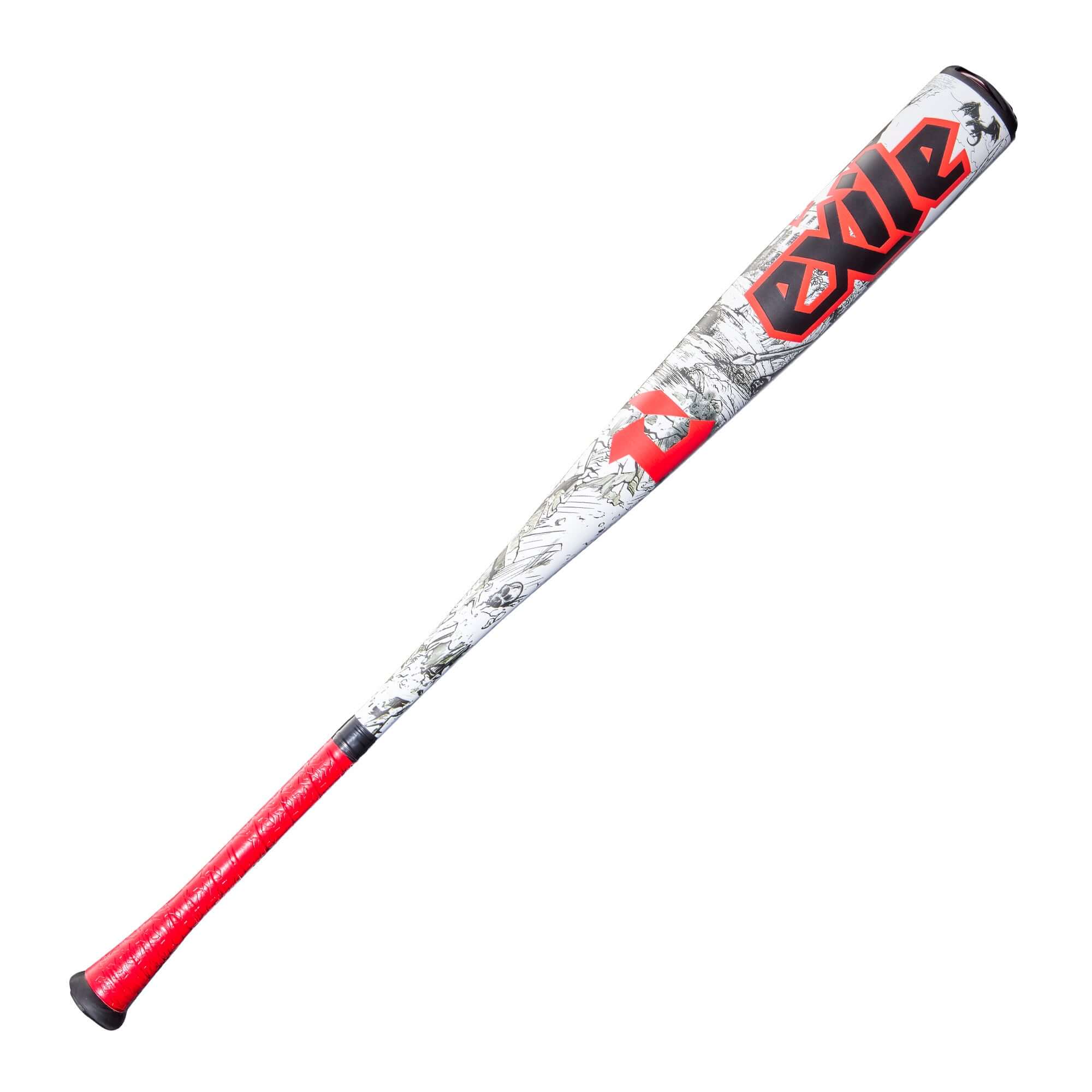 2026 DeMarini Exile (-3) BBCOR baseball bat with red, white, and black design for elite players.