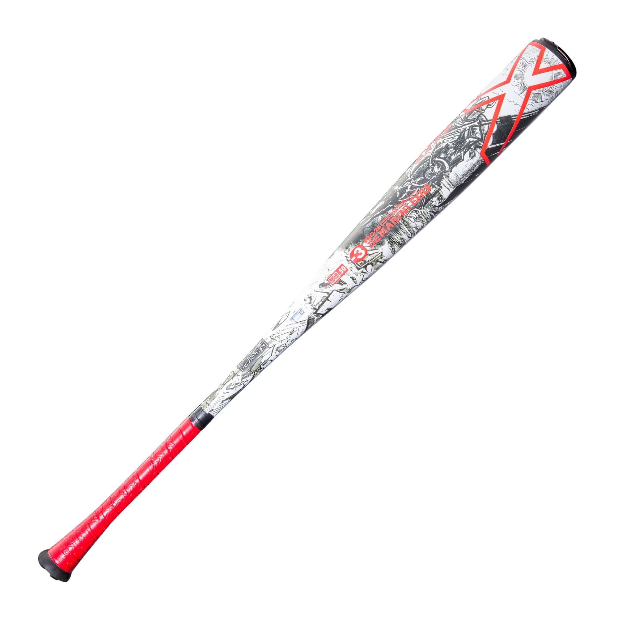 2026 DeMarini Exile™ (-3) BBCOR baseball bat featuring a red, white, and black design, ideal for elite players.