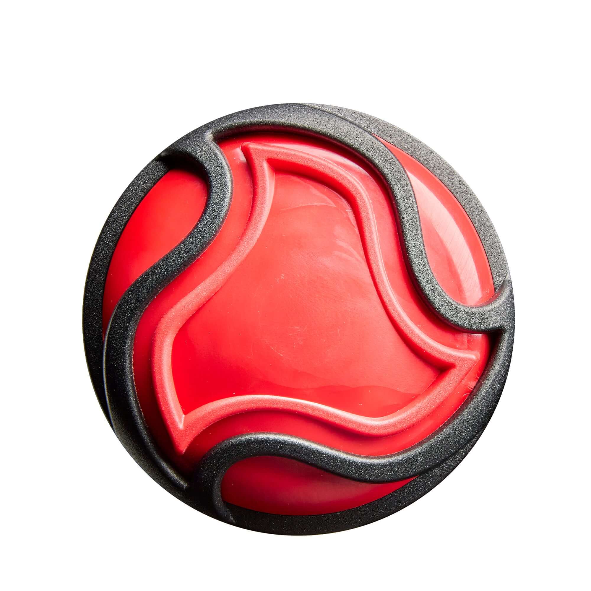 Top view of a red and black ergonomic massage ball designed for muscle relaxation and recovery.
