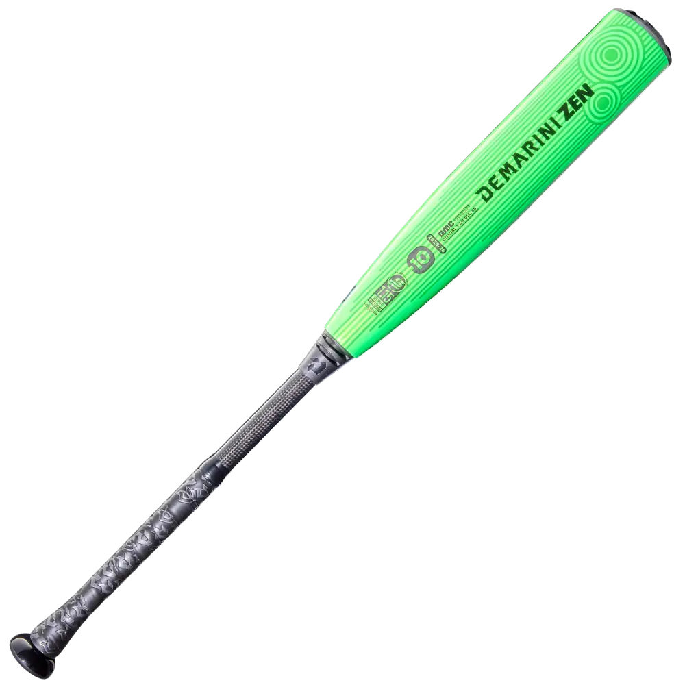 2026 DeMarini ZEN SL (-10) Baseball Bat featuring a bright green design and textured grip for enhanced performance.