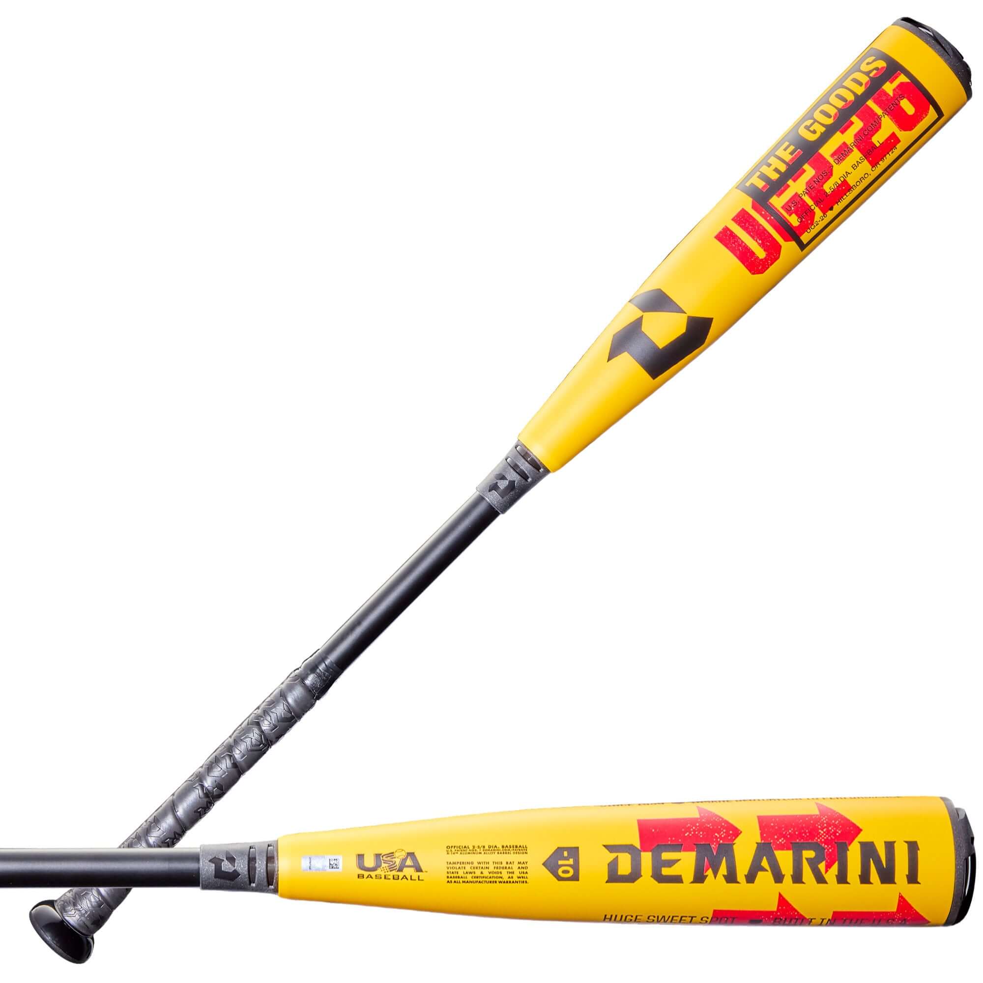 2026 DeMarini The Goods (-10) USA Baseball Bat front and back view with silver and black alloy design