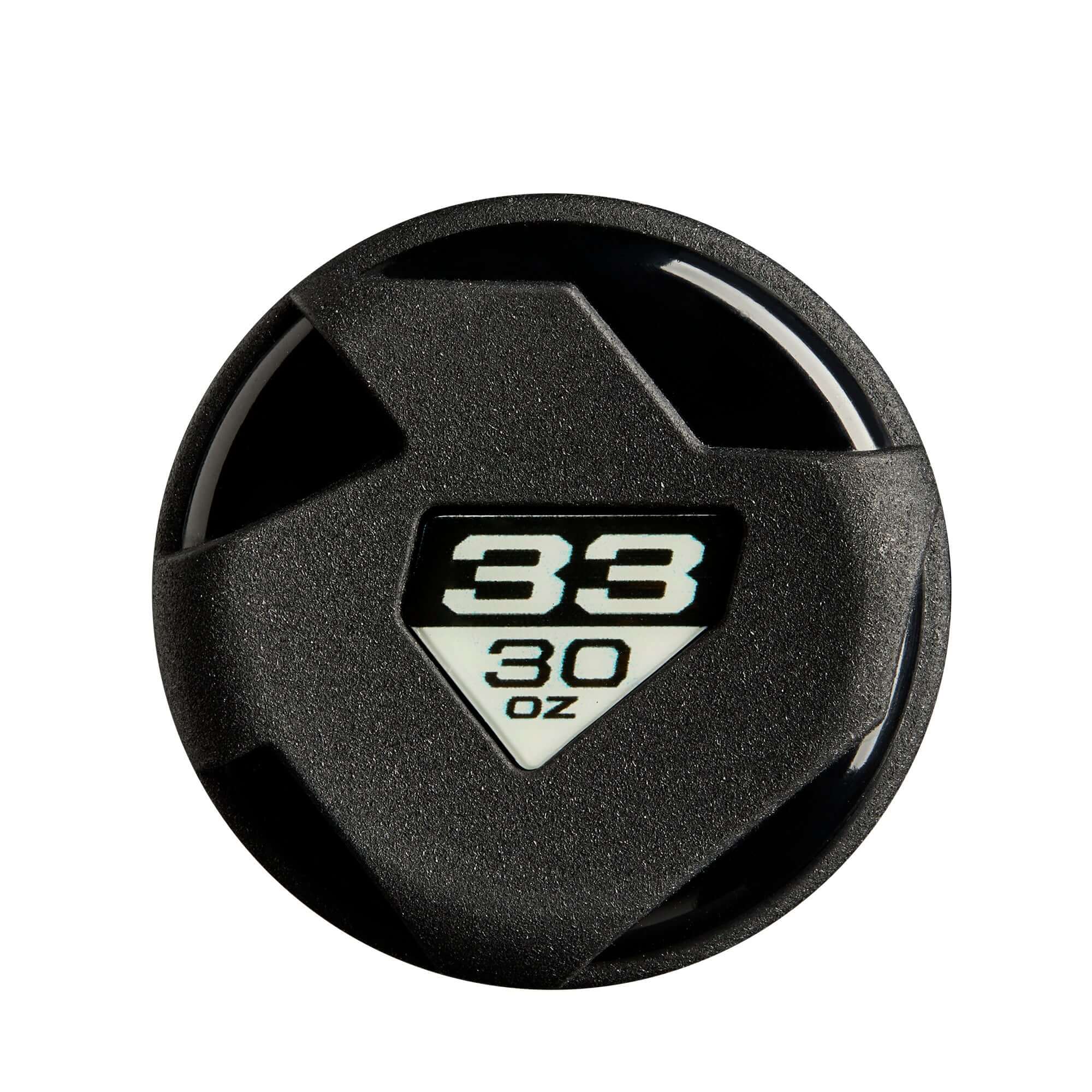 Close-up of a black bat weight labeled 33 and 30 oz, designed for optimizing swing performance.