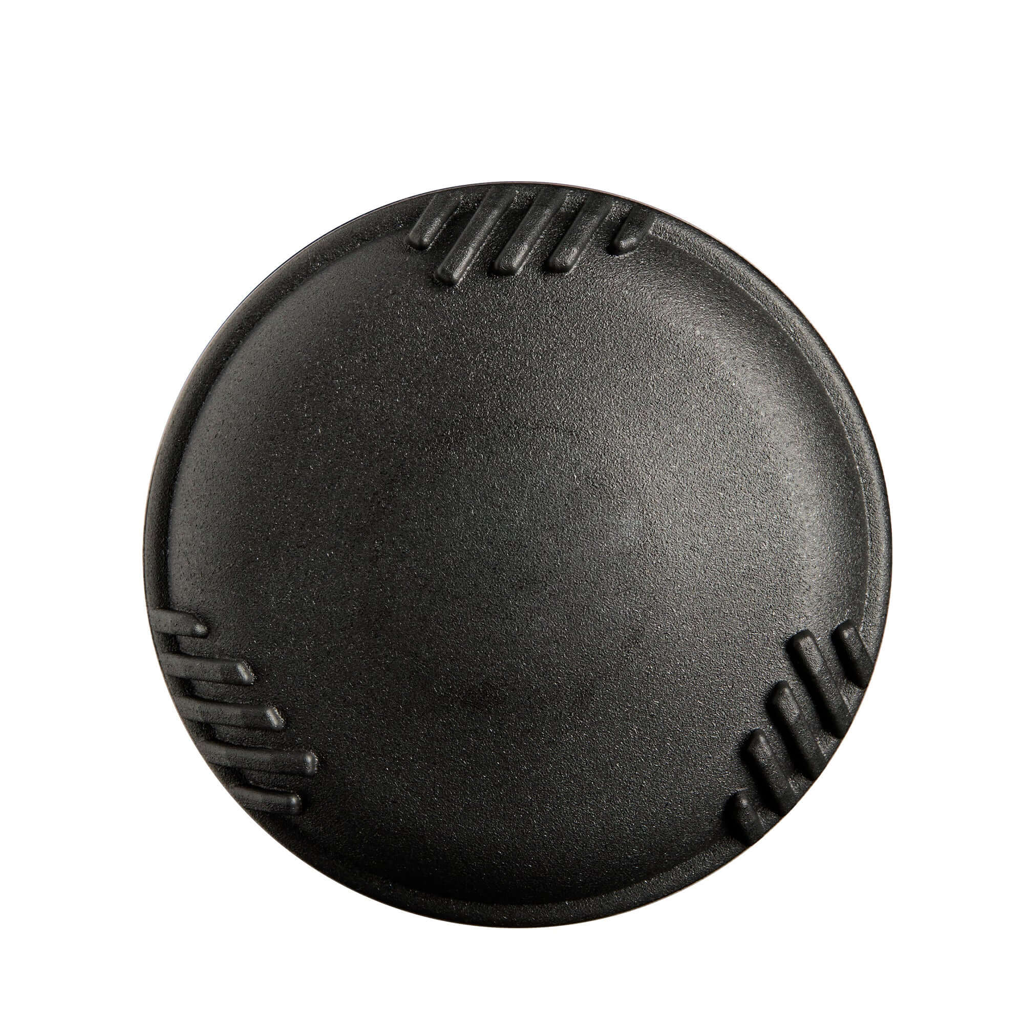 Top view of a black training baseball for pitching practice and skill development.