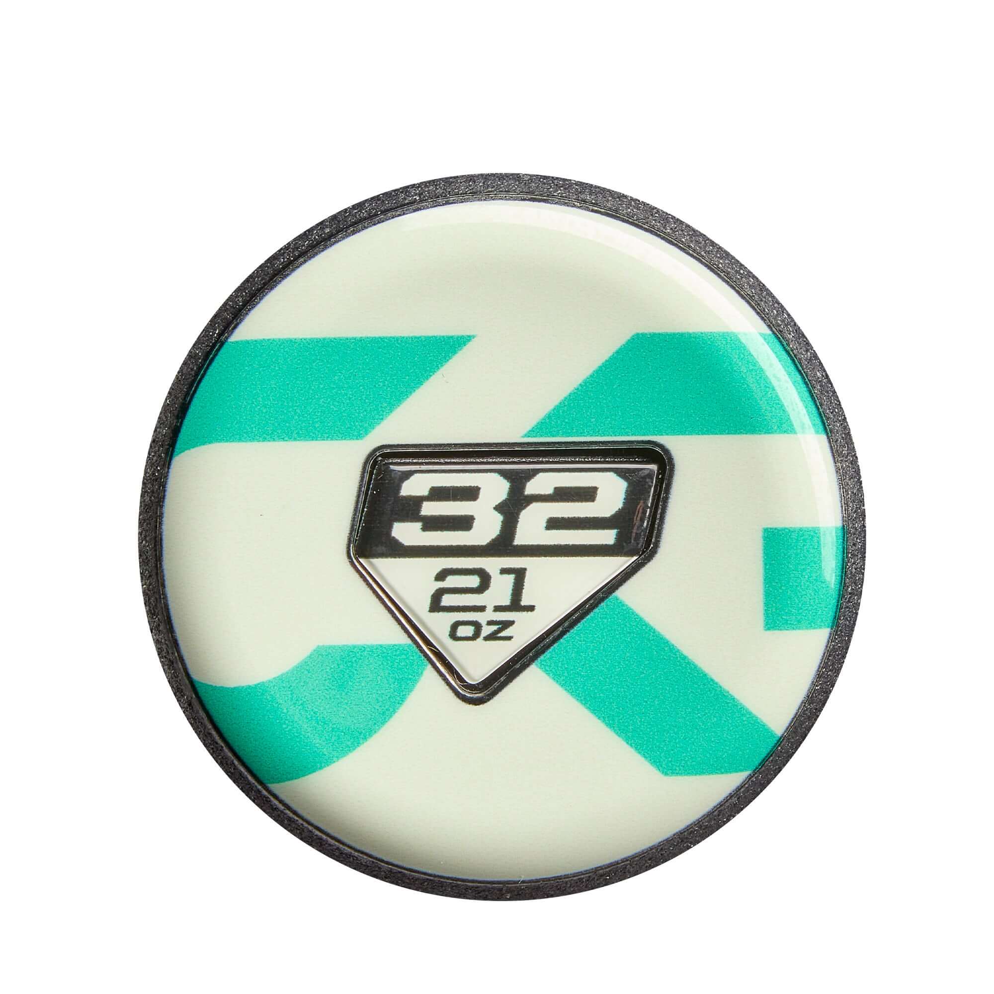 End cap view of 2026 DeMarini CF FP FE (-11) Fastpitch Softball Bat displaying 32-inch length and 21-ounce weight stamp.