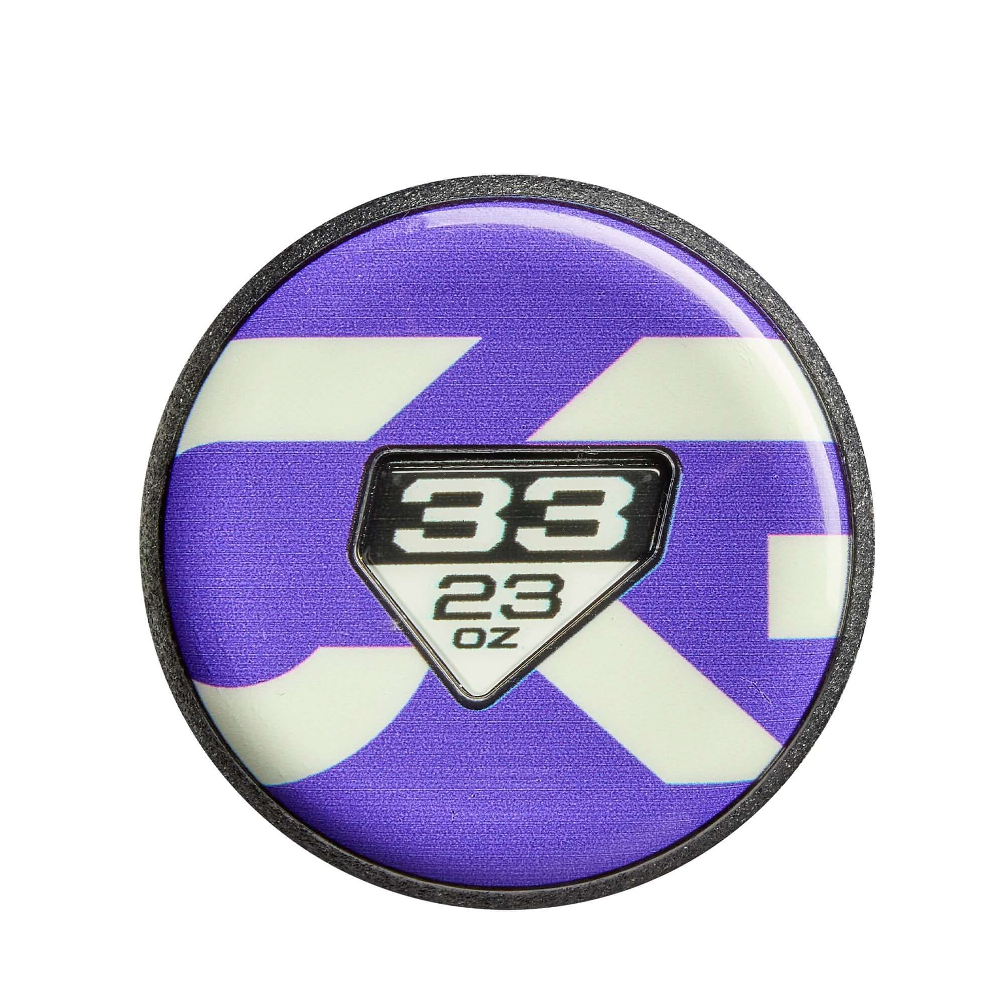 End cap view displaying 2026 DeMarini CF FP FE (-10) Fastpitch Softball Bat with purple and white cap, showing 33-inch, 23 oz weight mark.