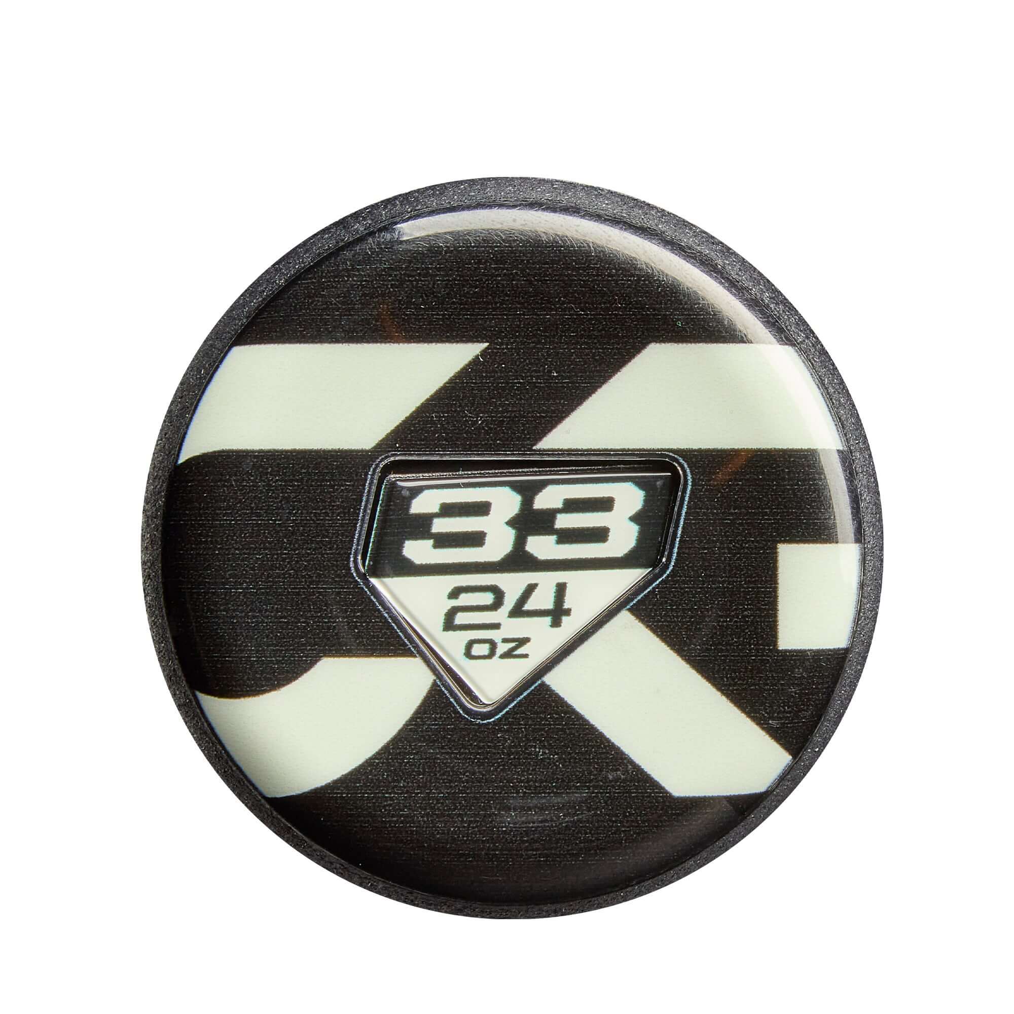 End cap view of 2026 DeMarini CF FP FE (-9) Fastpitch Softball Bat showing 33/24 oz weight stamp.