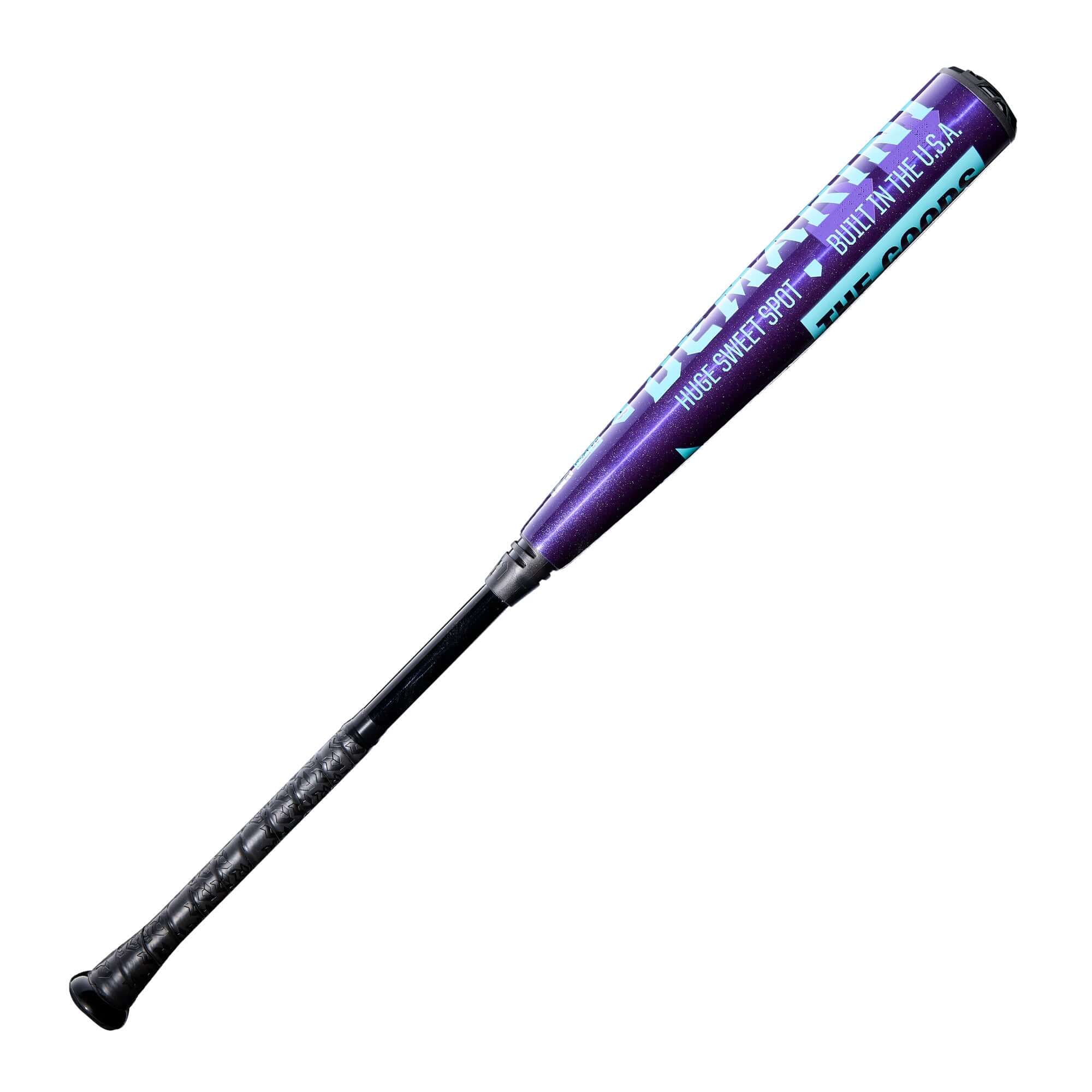 Side barrel close-up of 2026 DeMarini The Goods Royal Purple BBCOR Bat showing X14 Alloy construction