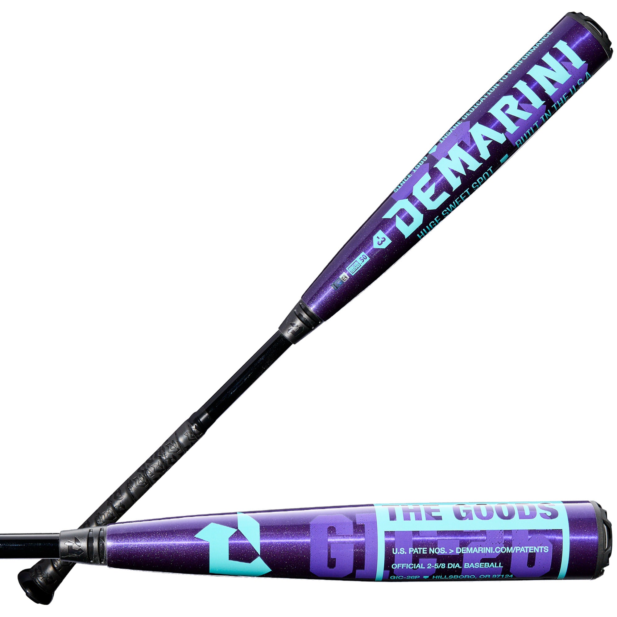 2026 DeMarini The Goods Royal Purple (-3) BBCOR Bat front and back view with Purple & Teal X14 Alloy barrel