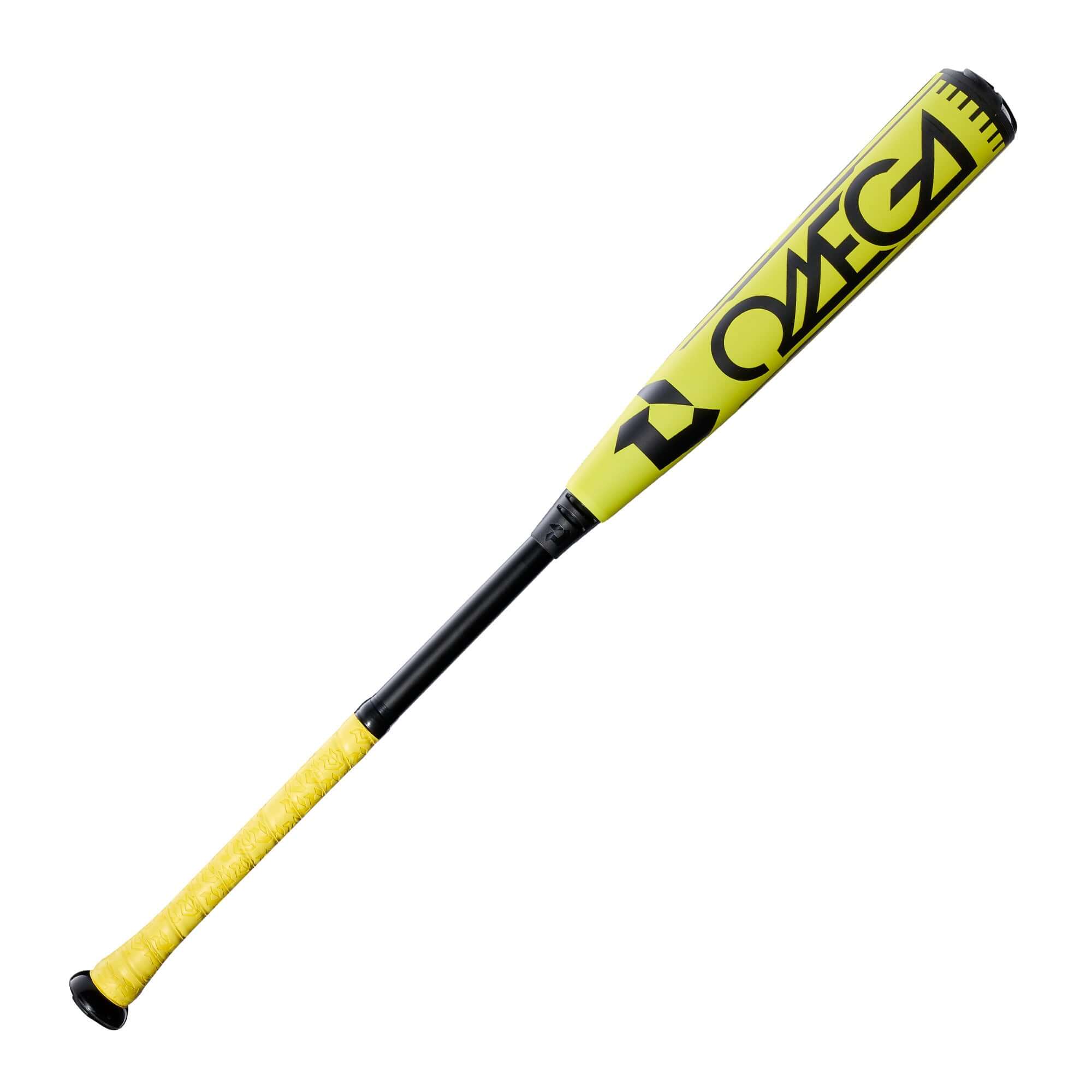 Front view of 2026 DeMarini Omega Electric Yellow BBCOR Bat highlighting composite handle design