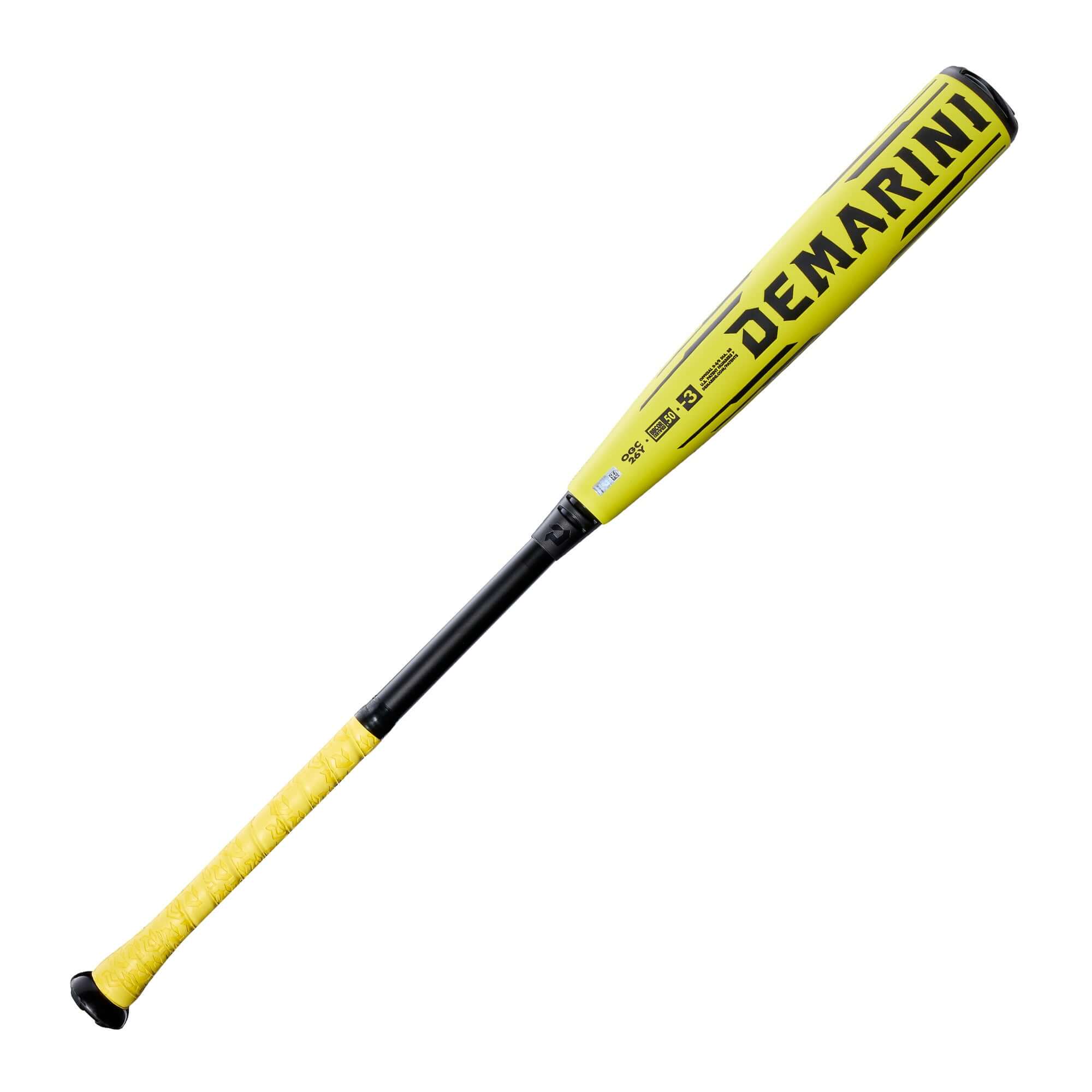 Back view of 2026 DeMarini Omega Electric Yellow BBCOR Bat with vibrant alloy barrel finish