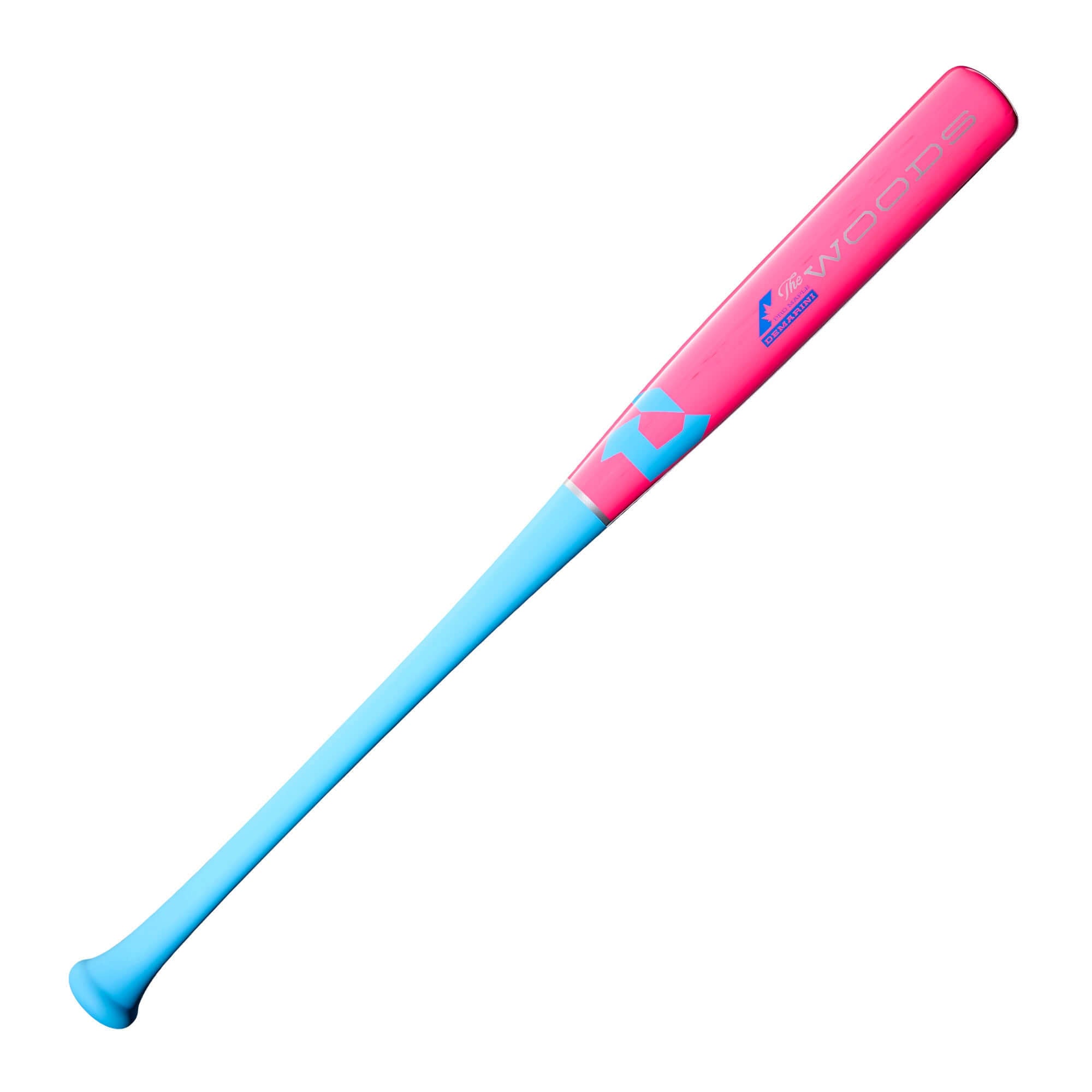 Front view of 2026 DeMarini The Woods Pink Wood Composite BBCOR Baseball Bat with Sky Blue tapered handle