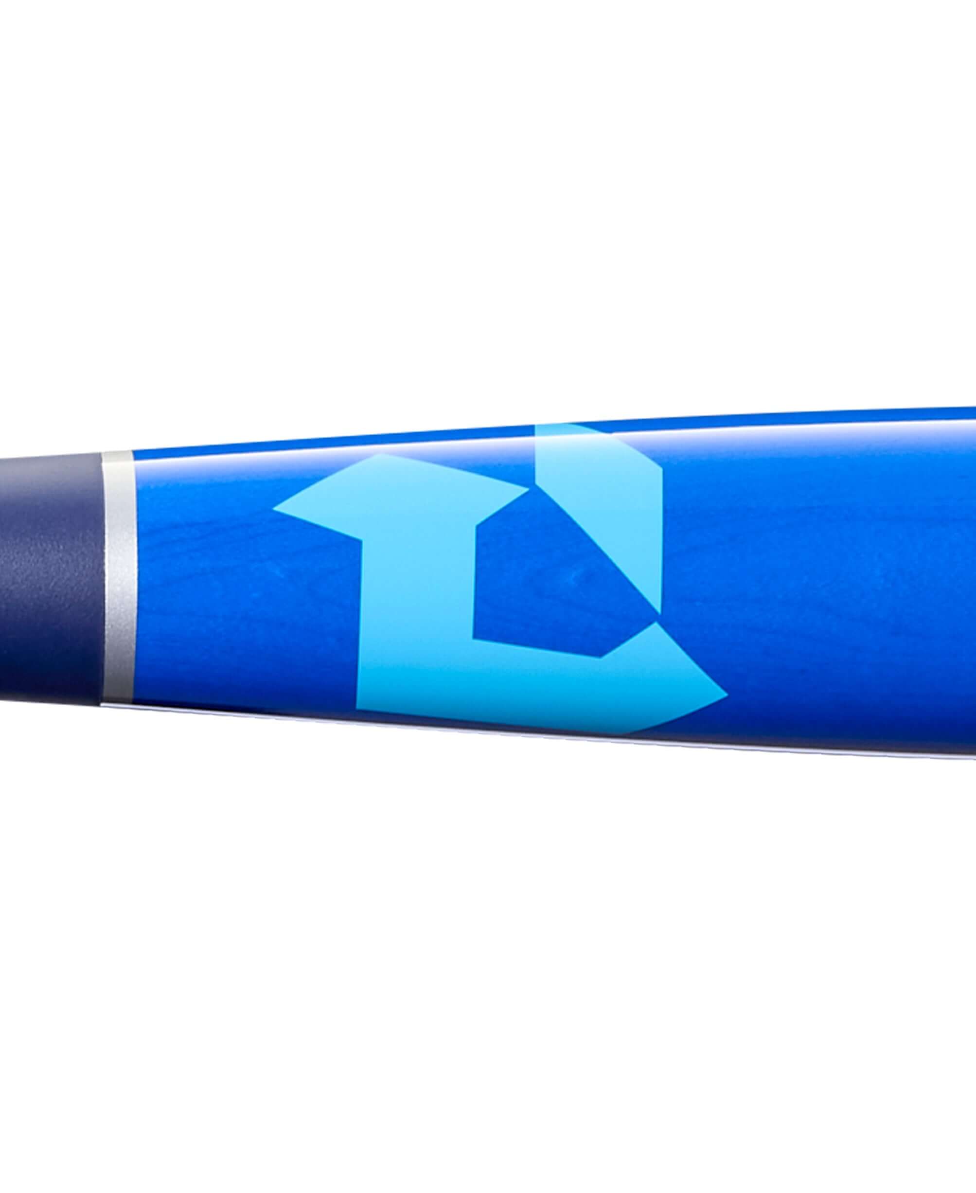 Barrel close-up of 2026 DeMarini The Woods Royal BBCOR Bat showing high-gloss Royal Pro Maple barrel