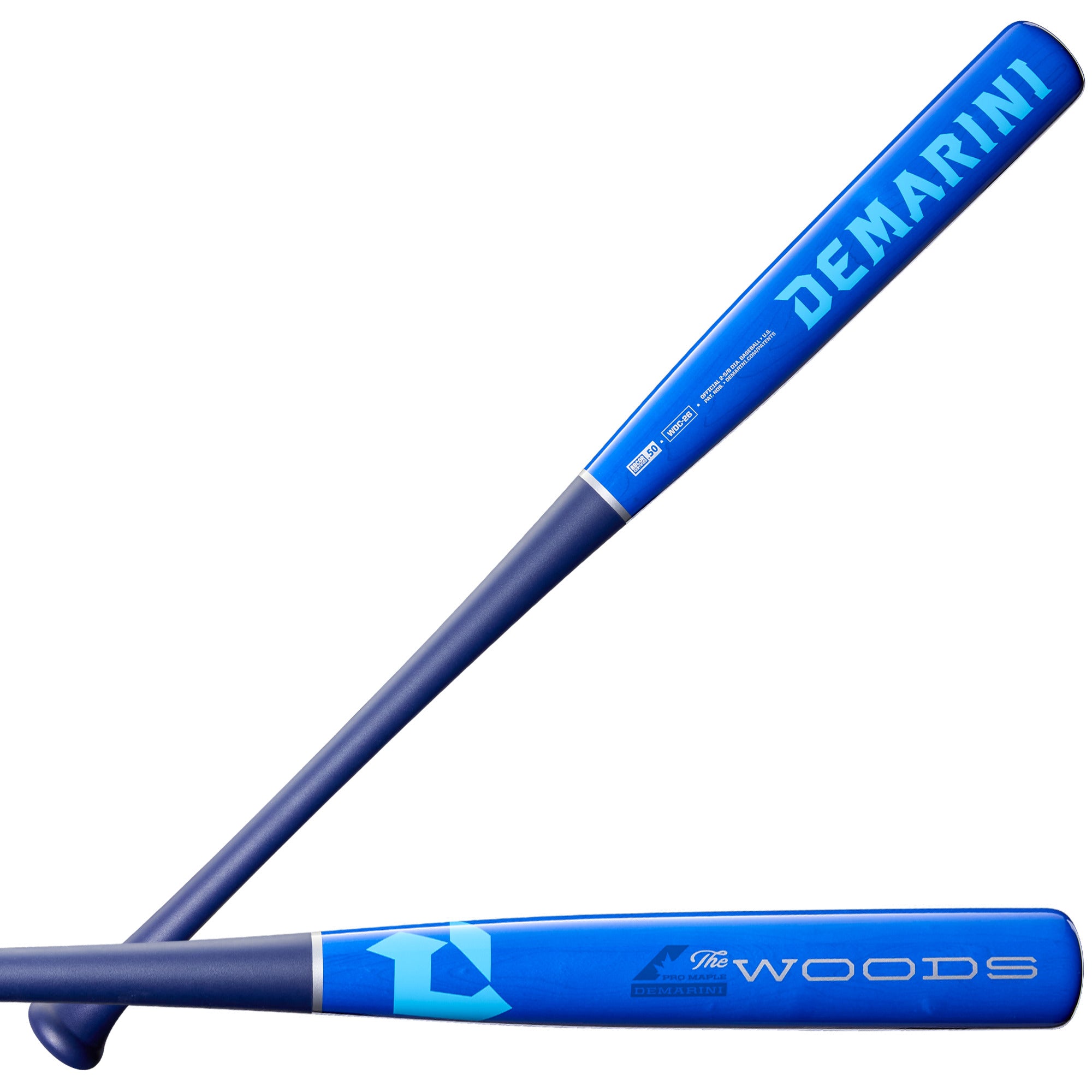 2026 DeMarini The Woods Royal Wood Composite BBCOR Bat front and back view with Royal Blue barrel