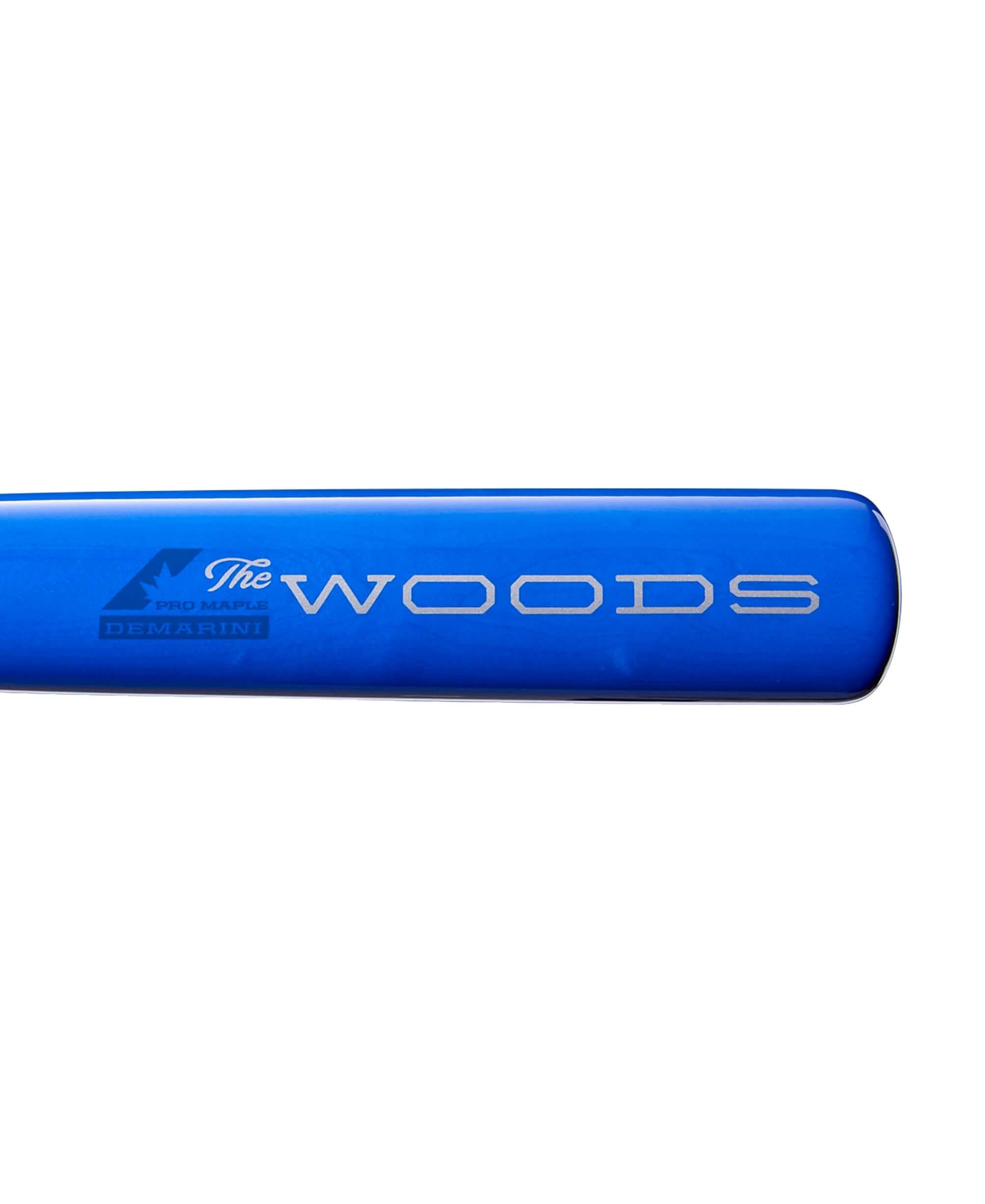 Front barrel close-up of 2026 DeMarini The Woods Royal BBCOR Bat showing high-gloss Royal Pro Maple barrel