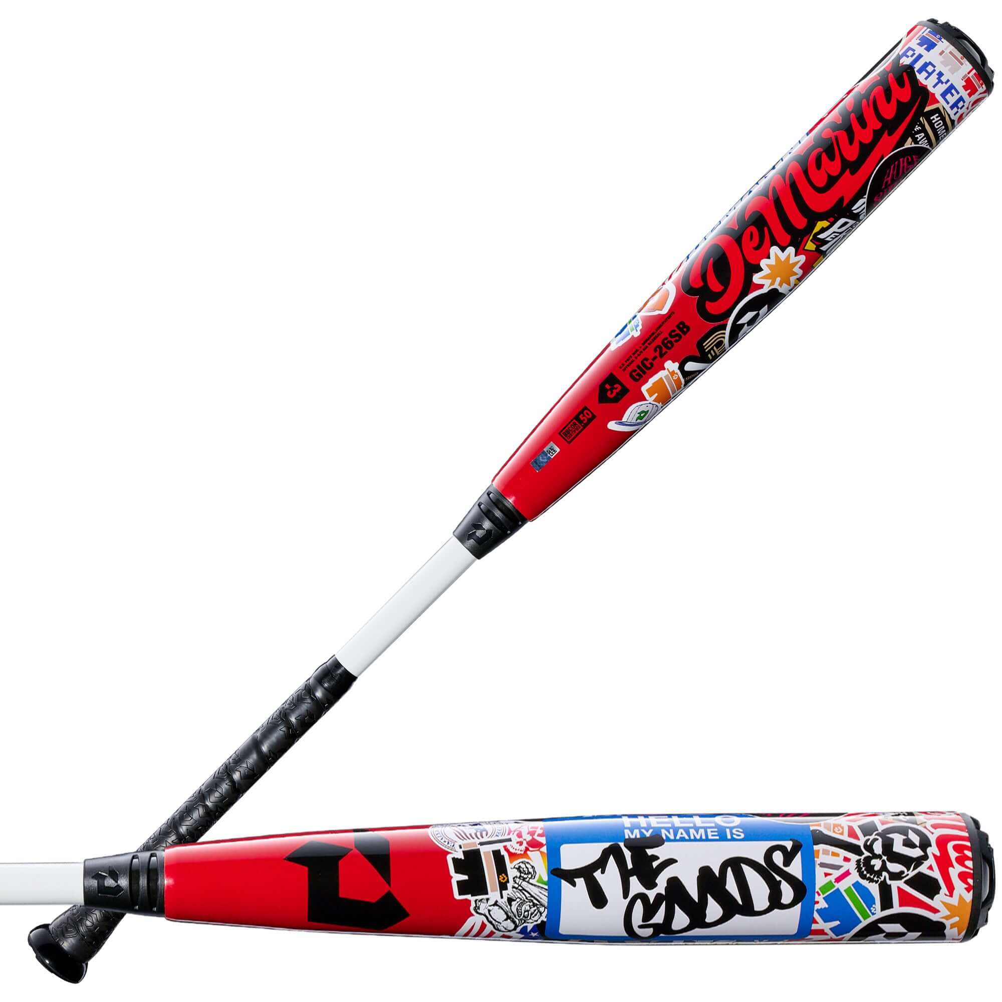 2026 DeMarini The Goods Sticker Bomb (-3) BBCOR Baseball Bat with vibrant graphic design and hybrid construction.