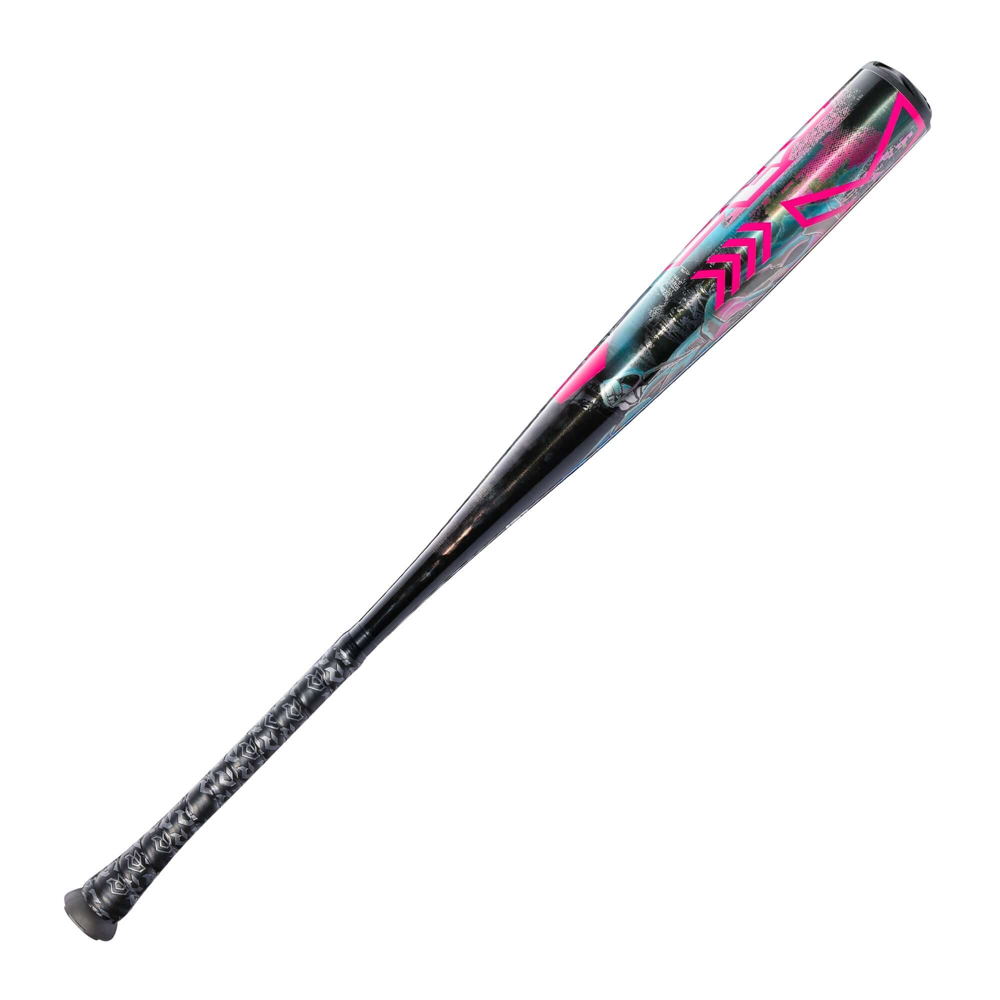 Left barrel view of 2026 DeMarini Exile Cyborg BBCOR Bat showcasing reflective Silver & Pink finish
