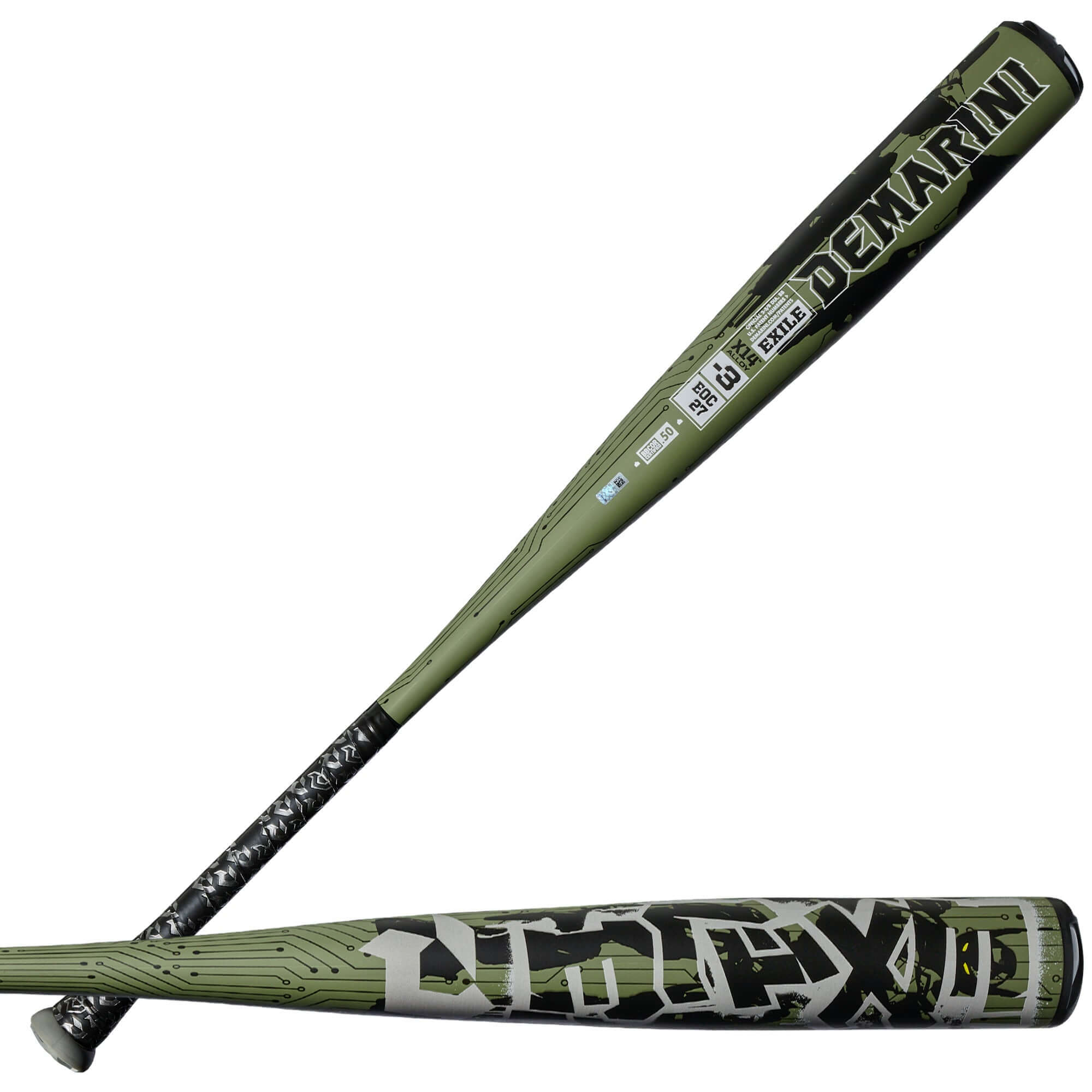 Side view of 2027 DeMarini Exile (-3) BBCOR Baseball Bat with green Exile X14 Alloy Barrel and visible BBCOR certification mark.