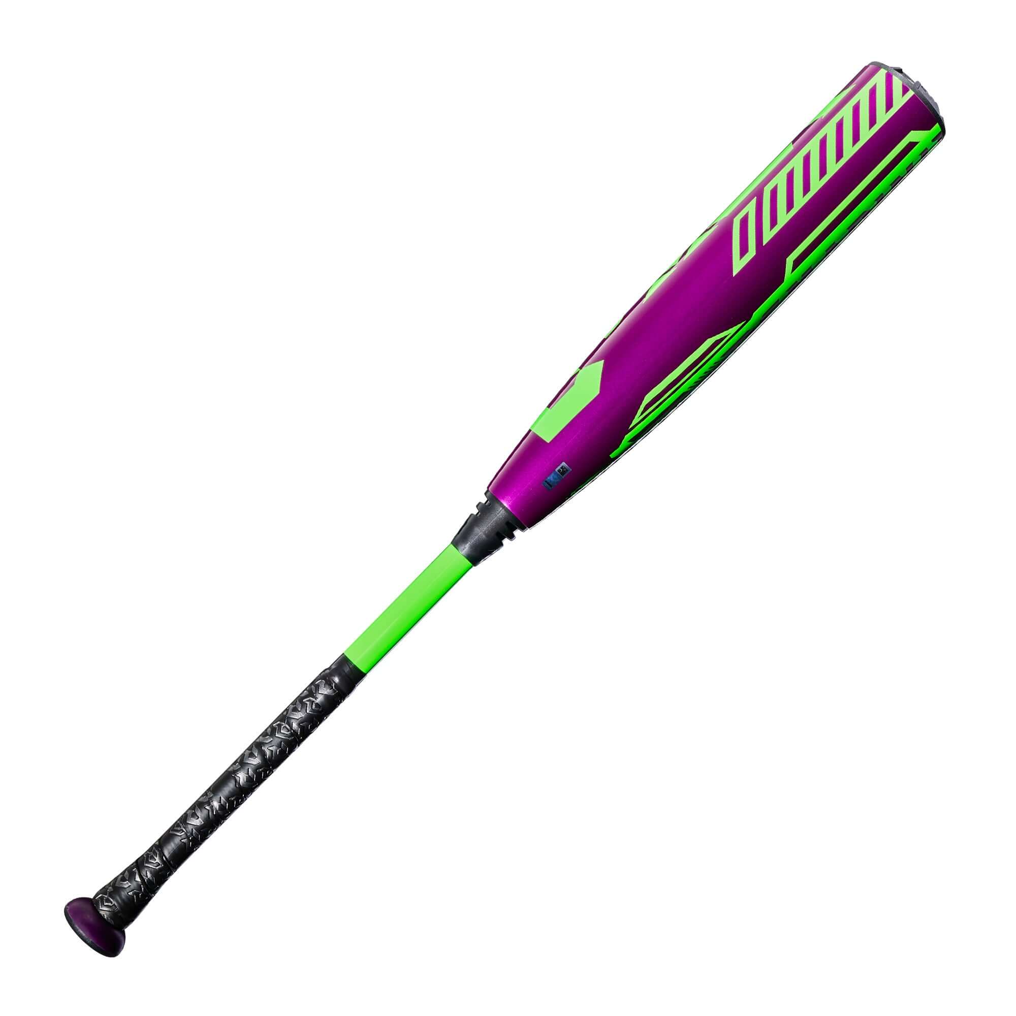 2027 DeMarini Zen (-10) USSSA Baseball Bat in purple and green, side profile view with visible graphics and grip detail.