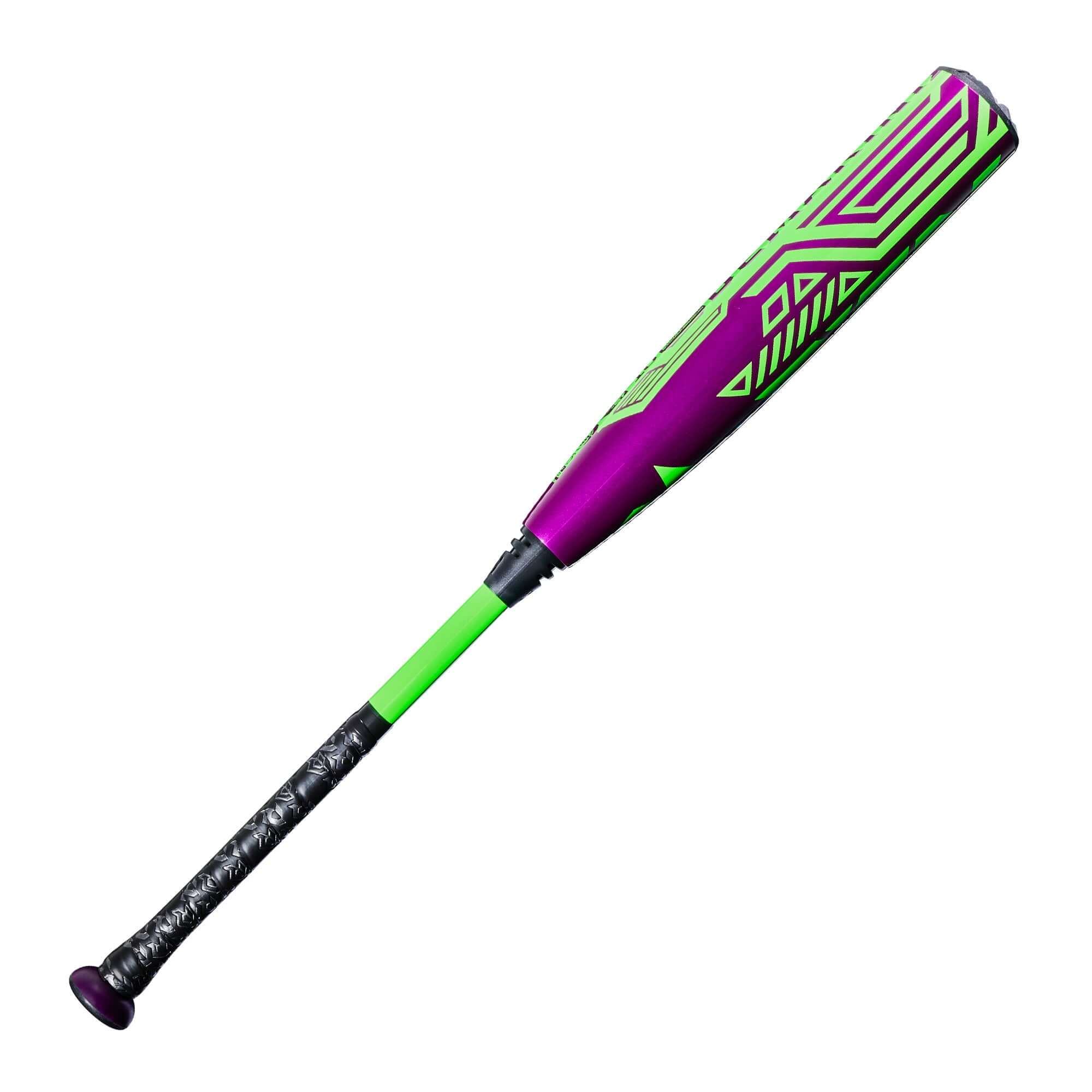 2027 DeMarini Zen (-10) USSSA Baseball Bat, side profile view, purple and green design with black grip