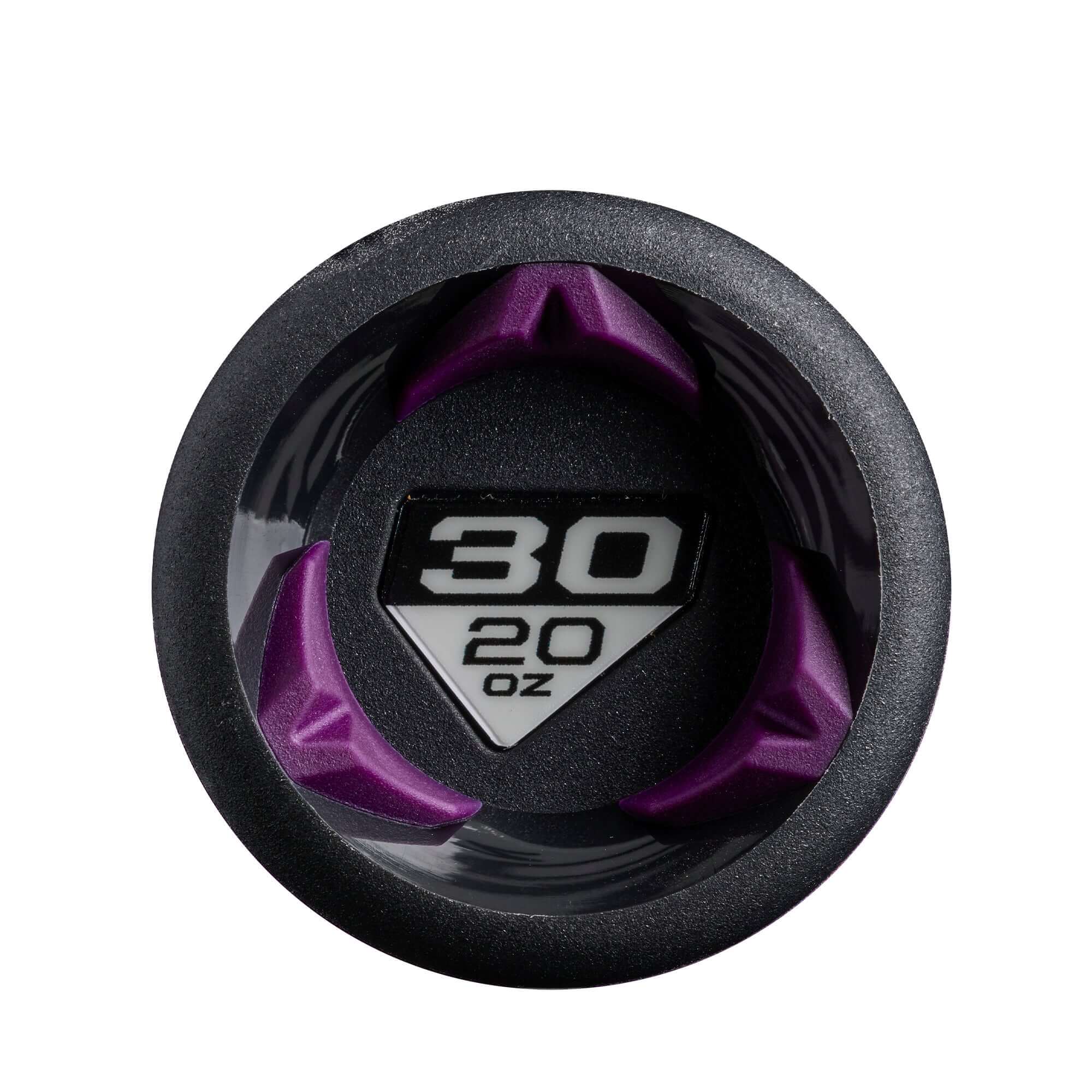 End cap view of 2027 DeMarini Zen (-10) USSSA Baseball Bat with visible weight stamp of 30 oz, featuring purple accents.