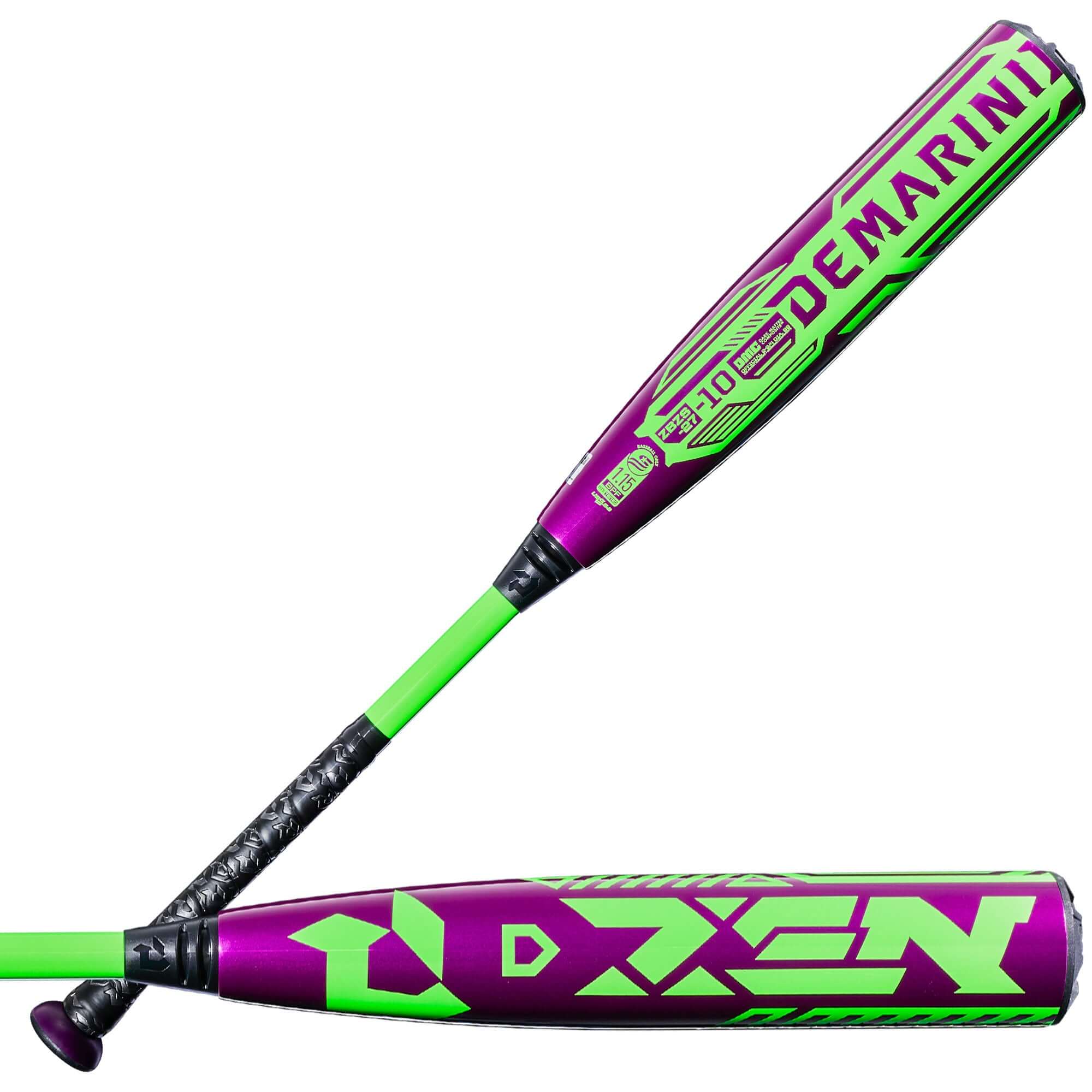 Side profile of the 2027 DeMarini Zen (-10) USSSA Baseball Bat in purple and neon green, showing graphics and grip detail.