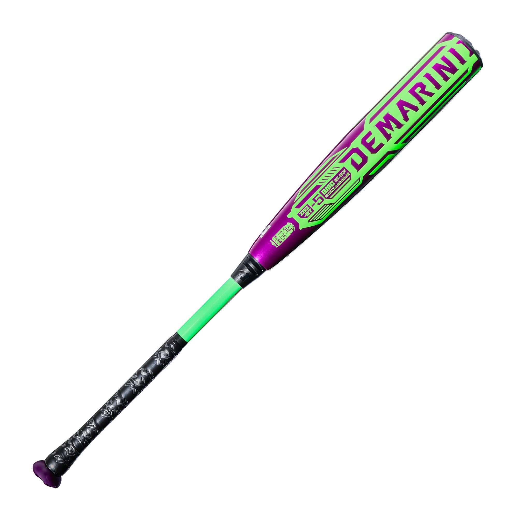 2027 DeMarini ZEN SL (-5) Baseball Bat side view purple and green with grip detail
