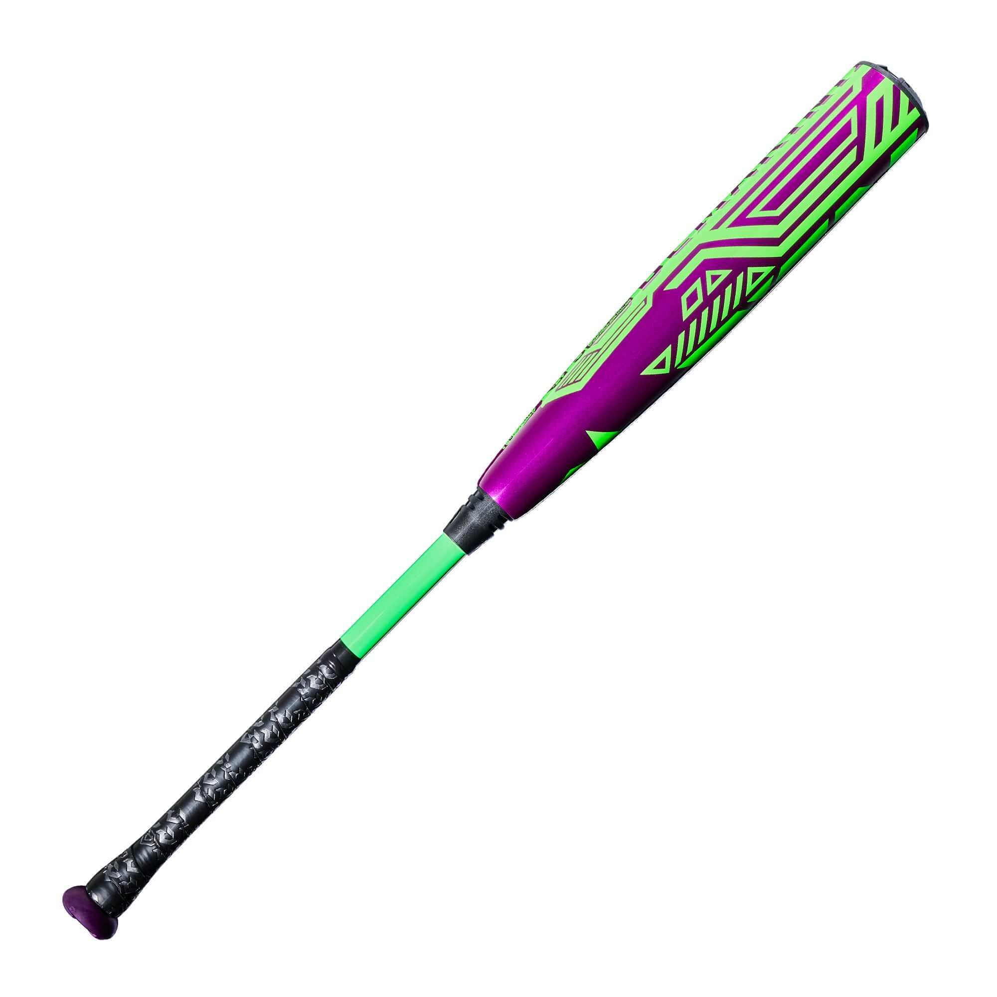 2027 DeMarini ZEN SL (-5) Baseball Bat side profile, purple and green graphics, Dark Matter Composite Barrel
