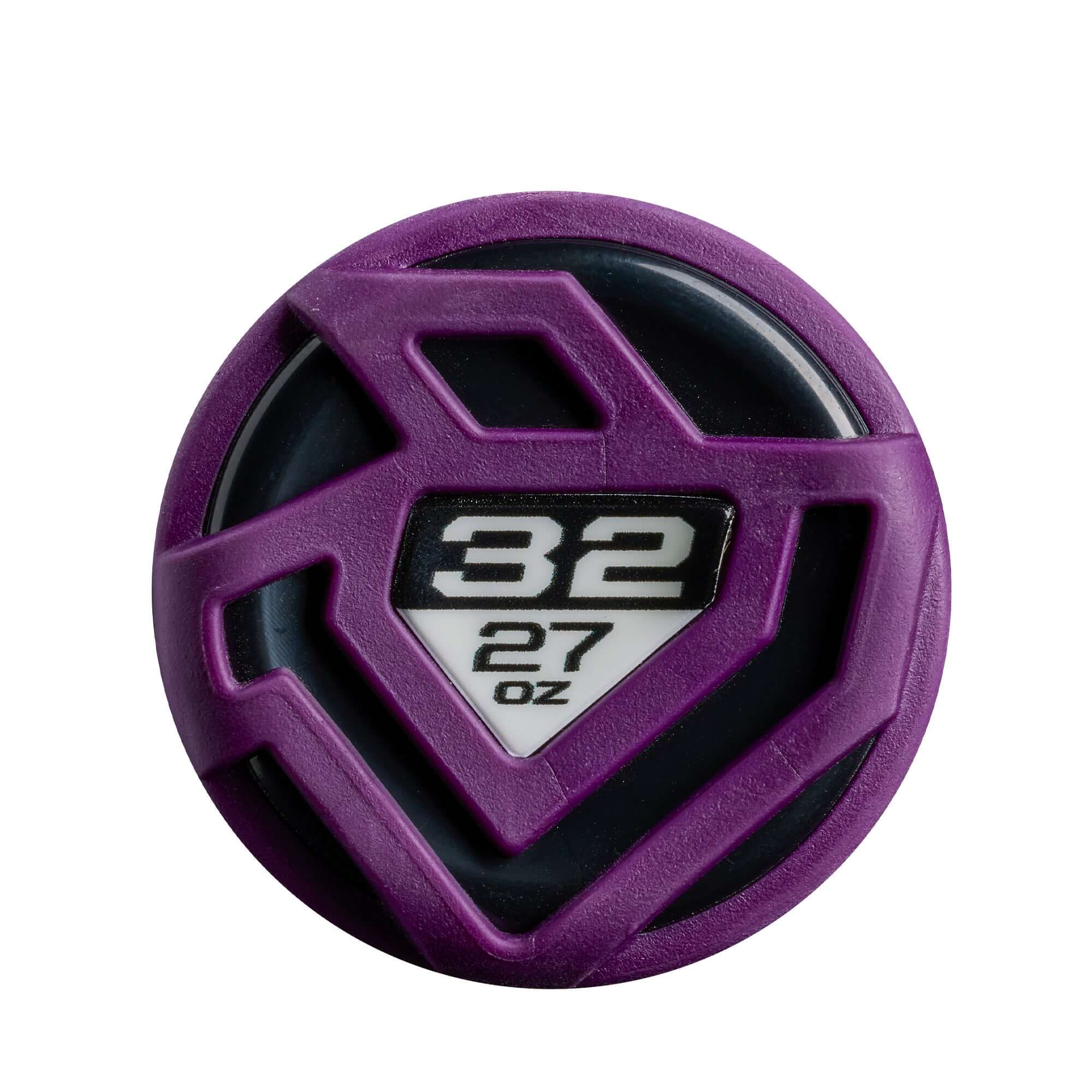 End cap view of 2027 DeMarini ZEN SL (-5) Baseball Bat showing 32oz weight stamp with purple geometric design.