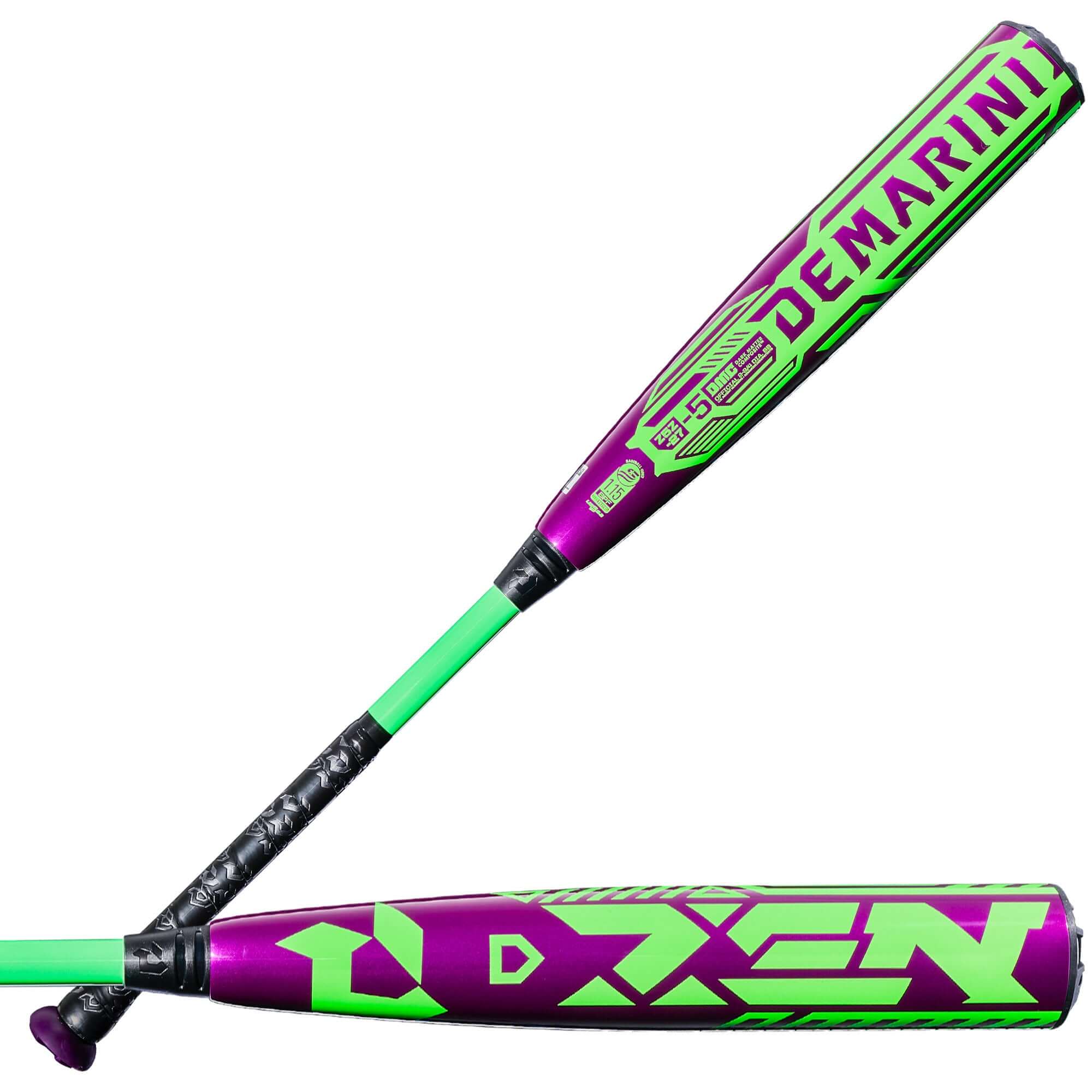 2027 DeMarini ZEN SL (-5) Baseball Bat side profile with purple and neon green graphics, showing barrel and handle design.