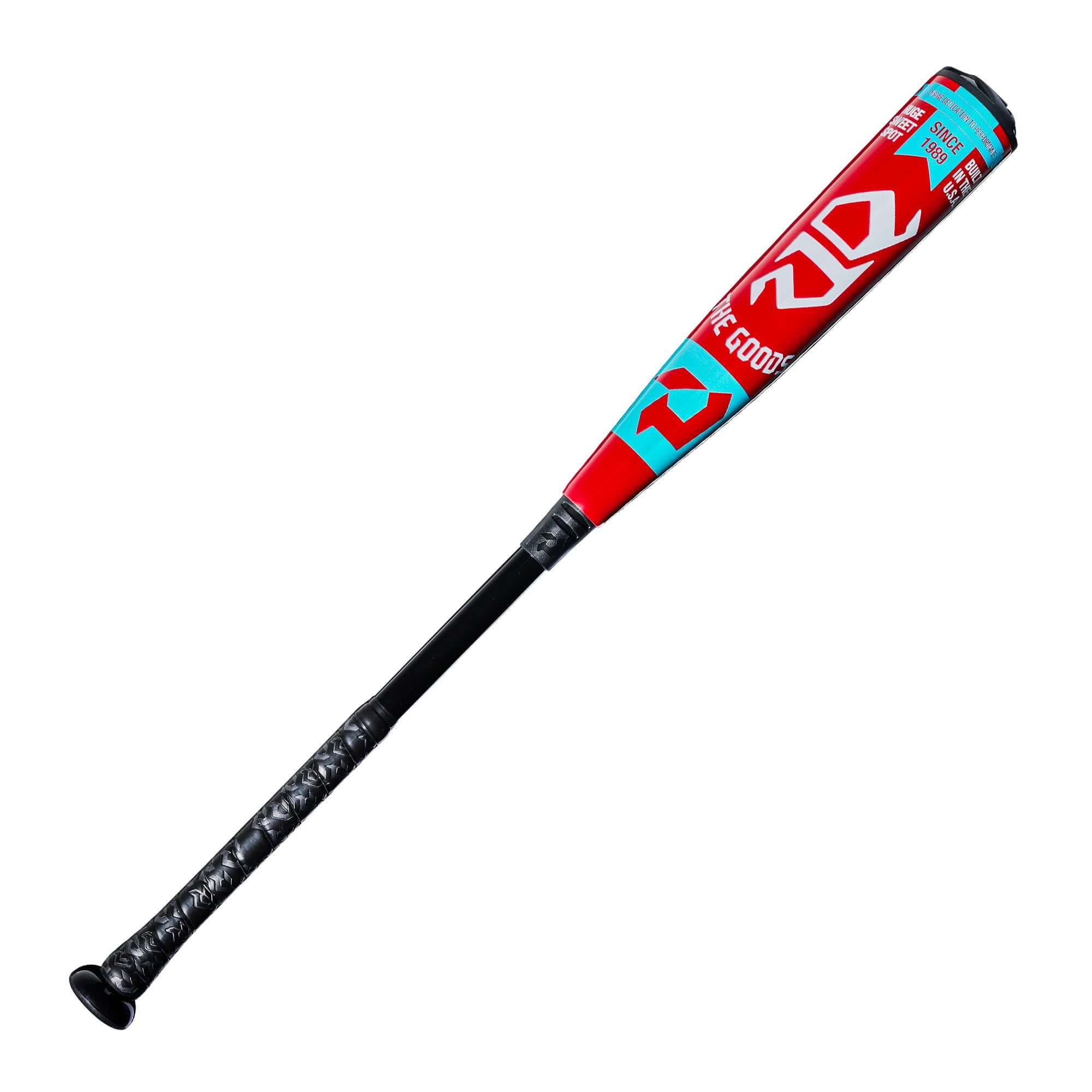 Side profile of 2027 DeMarini The Goods (-10) USA Baseball Bat with red barrel and black handle.