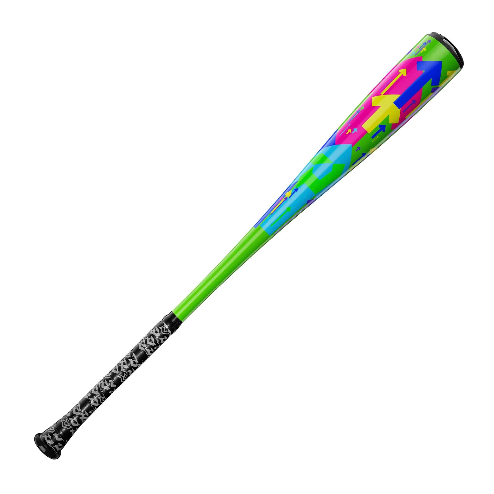 2027 DeMarini Uprising (-11) USA Baseball Bat side profile, vibrant green with colorful arrow graphics on barrel.