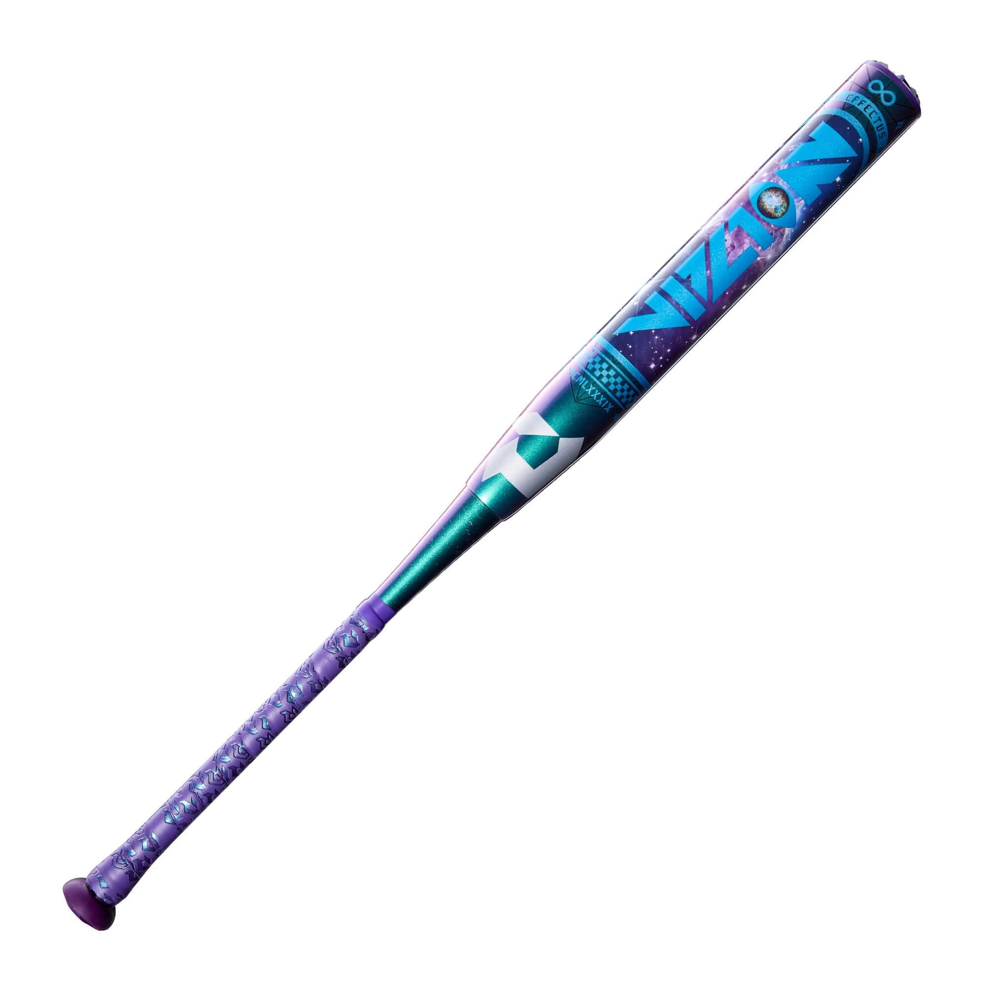 2027 DeMarini Vizion (-10) Fastpitch Softball Bat hero image in purple and teal with iridescent design and grip.