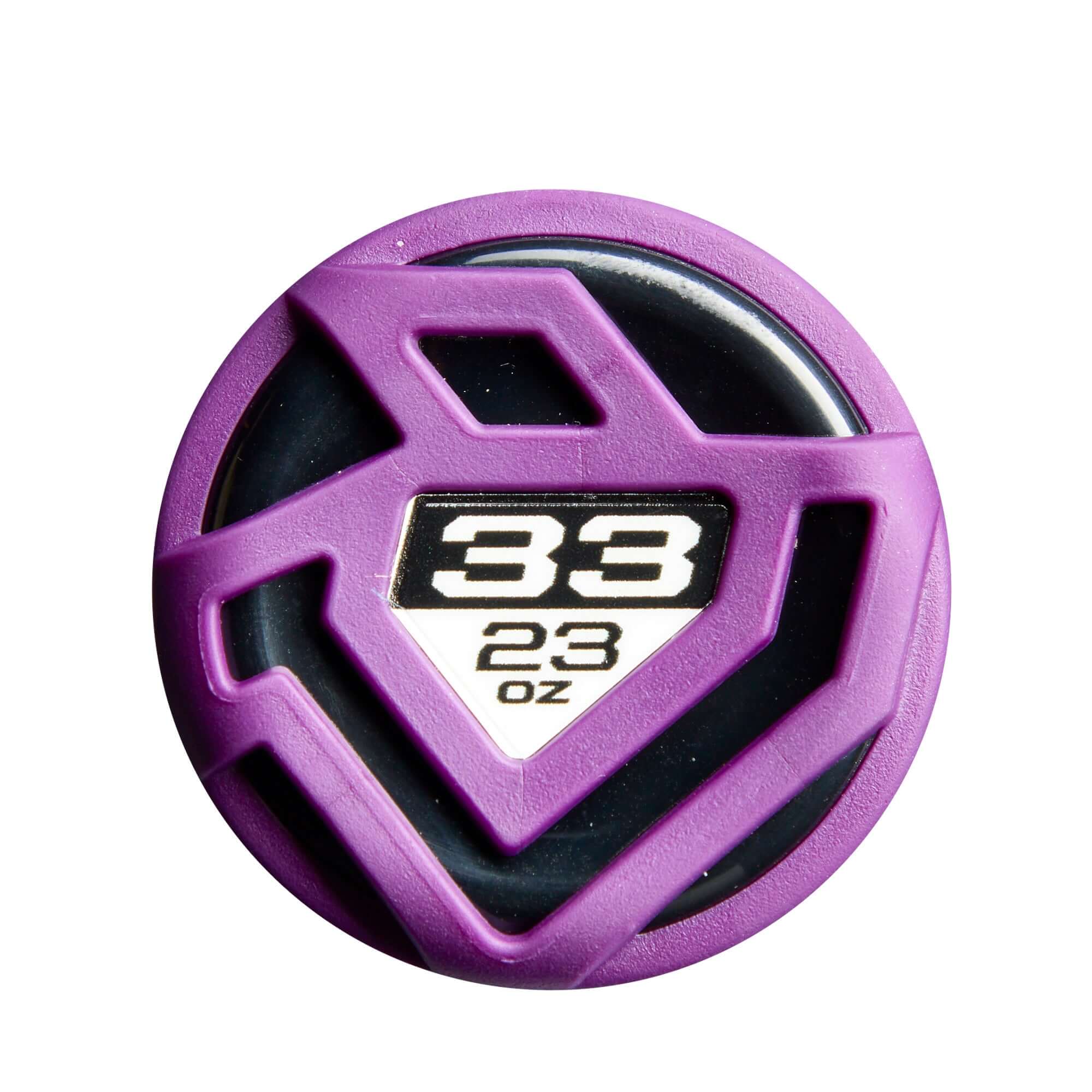 End cap view of 2027 DeMarini Vizion (-10) Fastpitch Softball Bat with purple design and visible 33/23 oz weight stamp.
