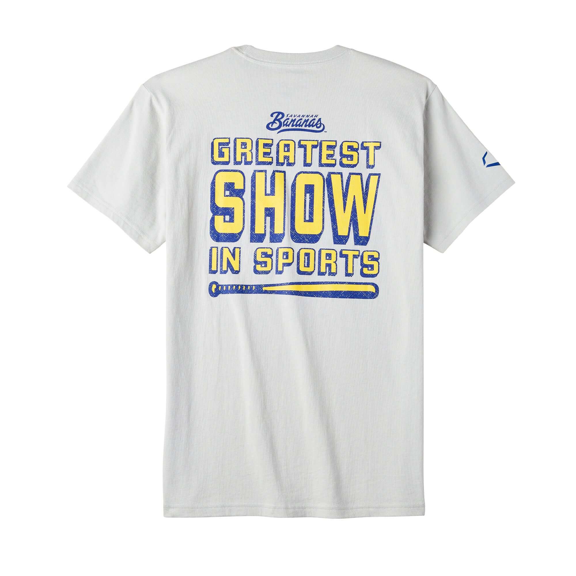 Back view of EvoShield Unisex Savannah Bananas Emboss Tee showing 'Greatest Show in Sports' graphic.