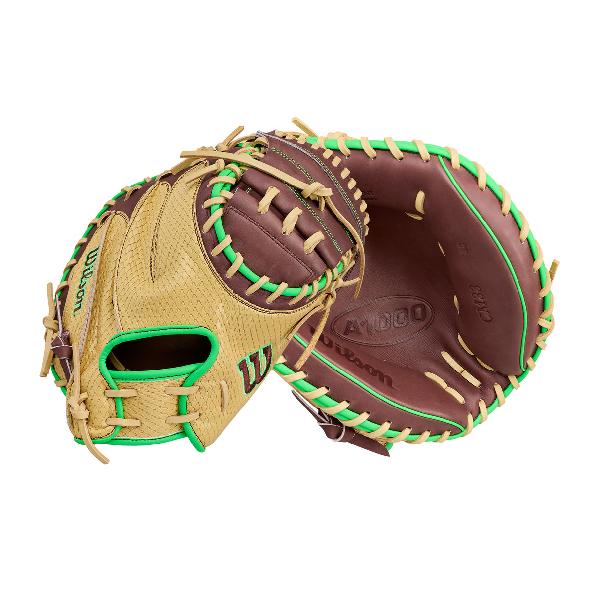 Wilson A1000 SMU CM33 "Dubai" 33" Catchers Mitt with Half Moon Web, blonde and dark brown, neon-green accents.