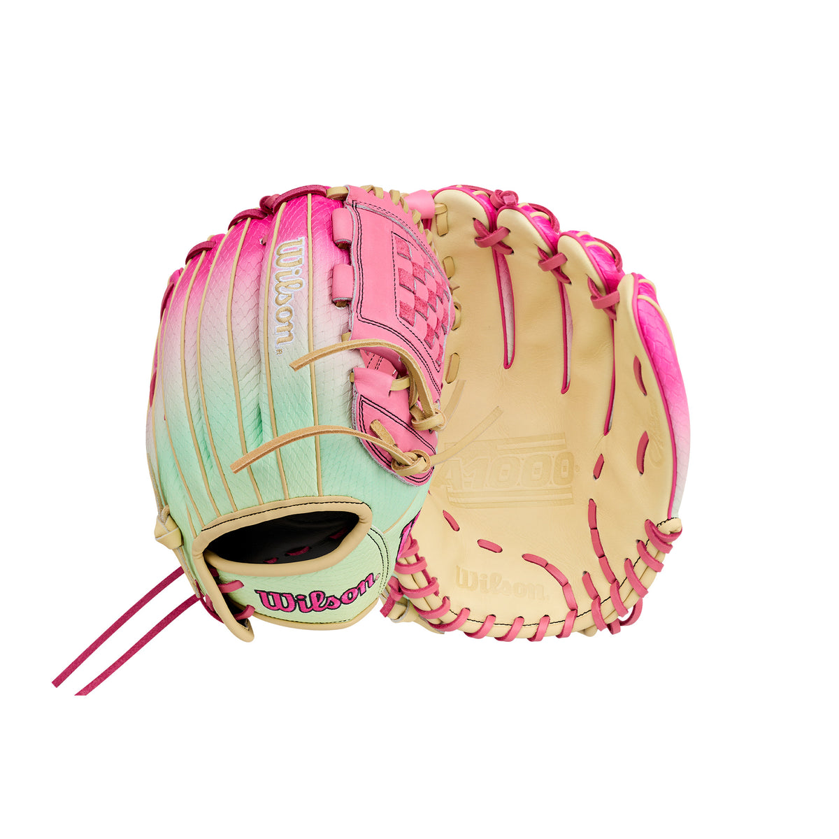 Wilson A1000 SMU P12FP Sunset 12" Fastptich Glove with colorful leather, designed for pitchers with a Closed Two Piece Web.