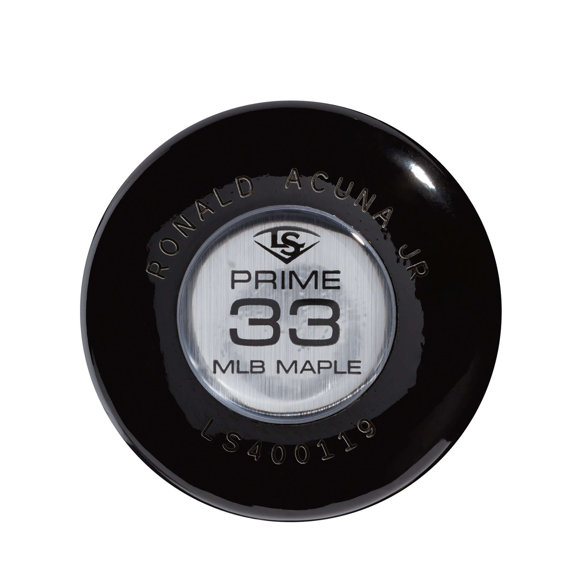 Louisville Slugger MLB Prime Signature Series RA13 Ronald Acuña Jr. Game Model Baseball Bat end cap view with Prime 33 logo.