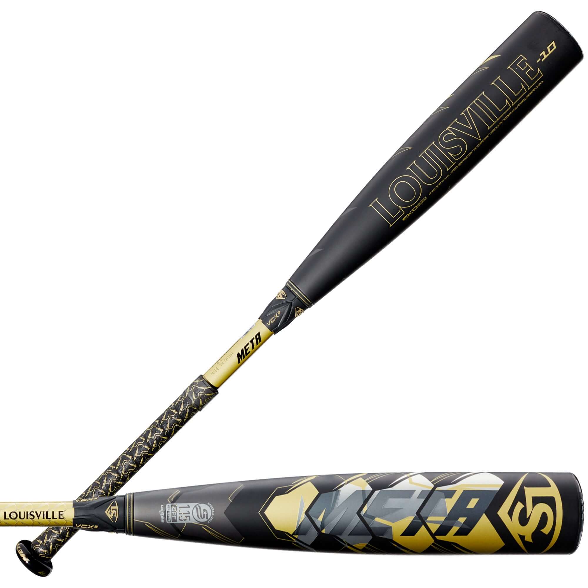 Louisville Slugger USSSA Meta 21 -10 black and gold baseball bat, showcasing innovative design and superior performance.