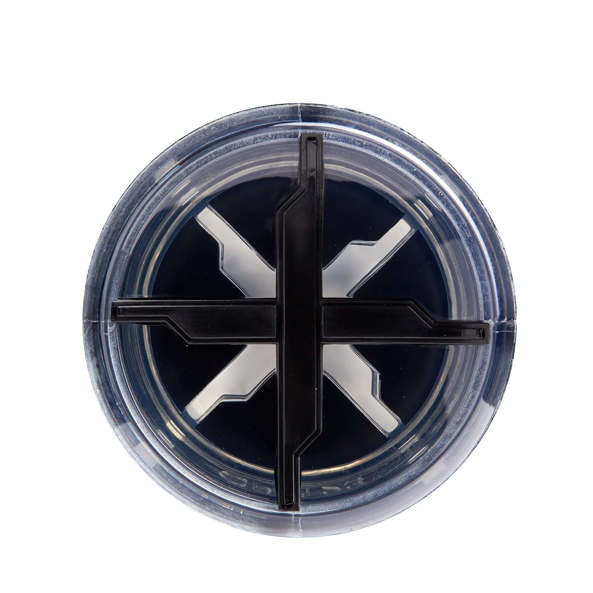 top view of a clear compact container with a black divider and white accents, ideal for organizing small items.