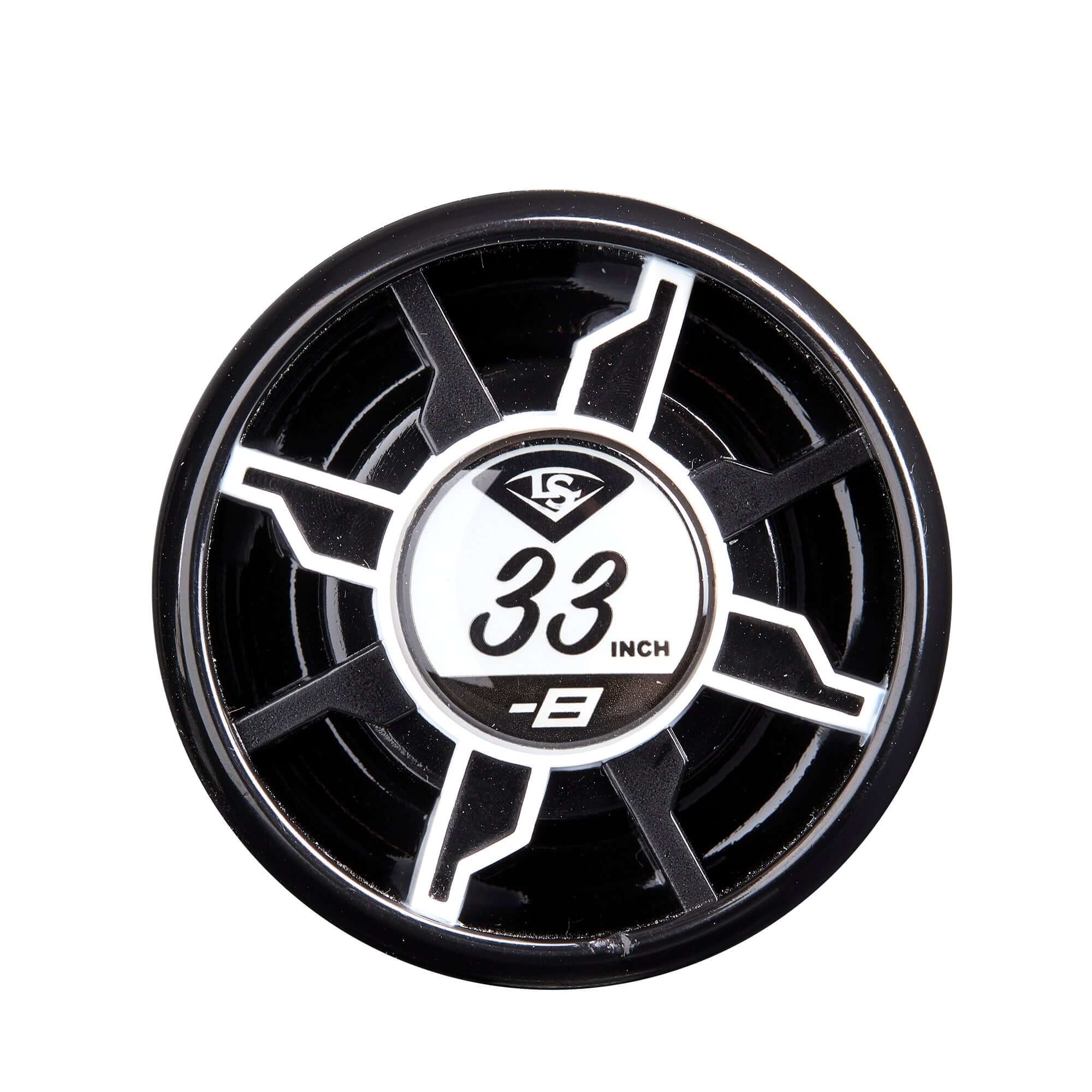 Louisville Slugger Meta FP (-8) fastpitch bat end cap with size 33 inch label for optimal performance and control.