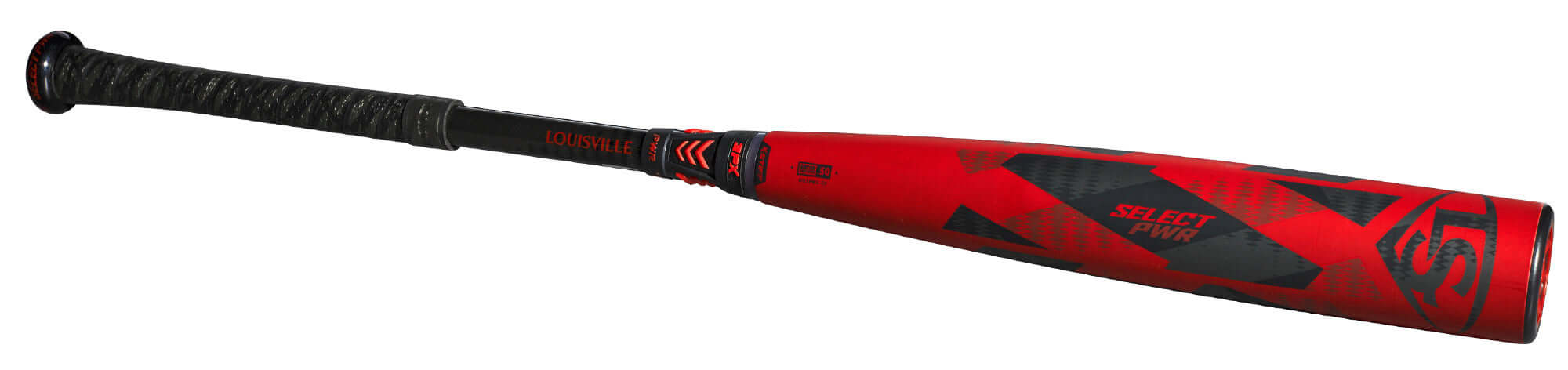 Louisville Slugger Select PWR (-3) BBCOR Baseball Bat with red and black design, featuring an extended sweet spot for power hitters.